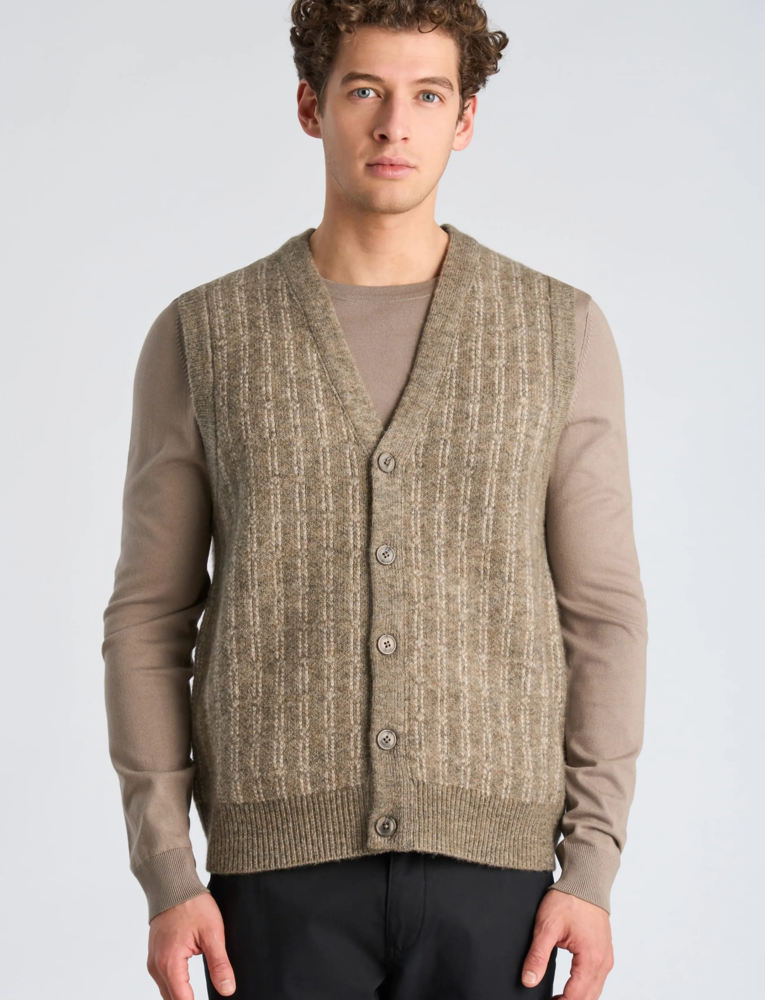 Lindbergh - Jacquard knitted slipover cardigan - strikveste - dk sand mel - 3