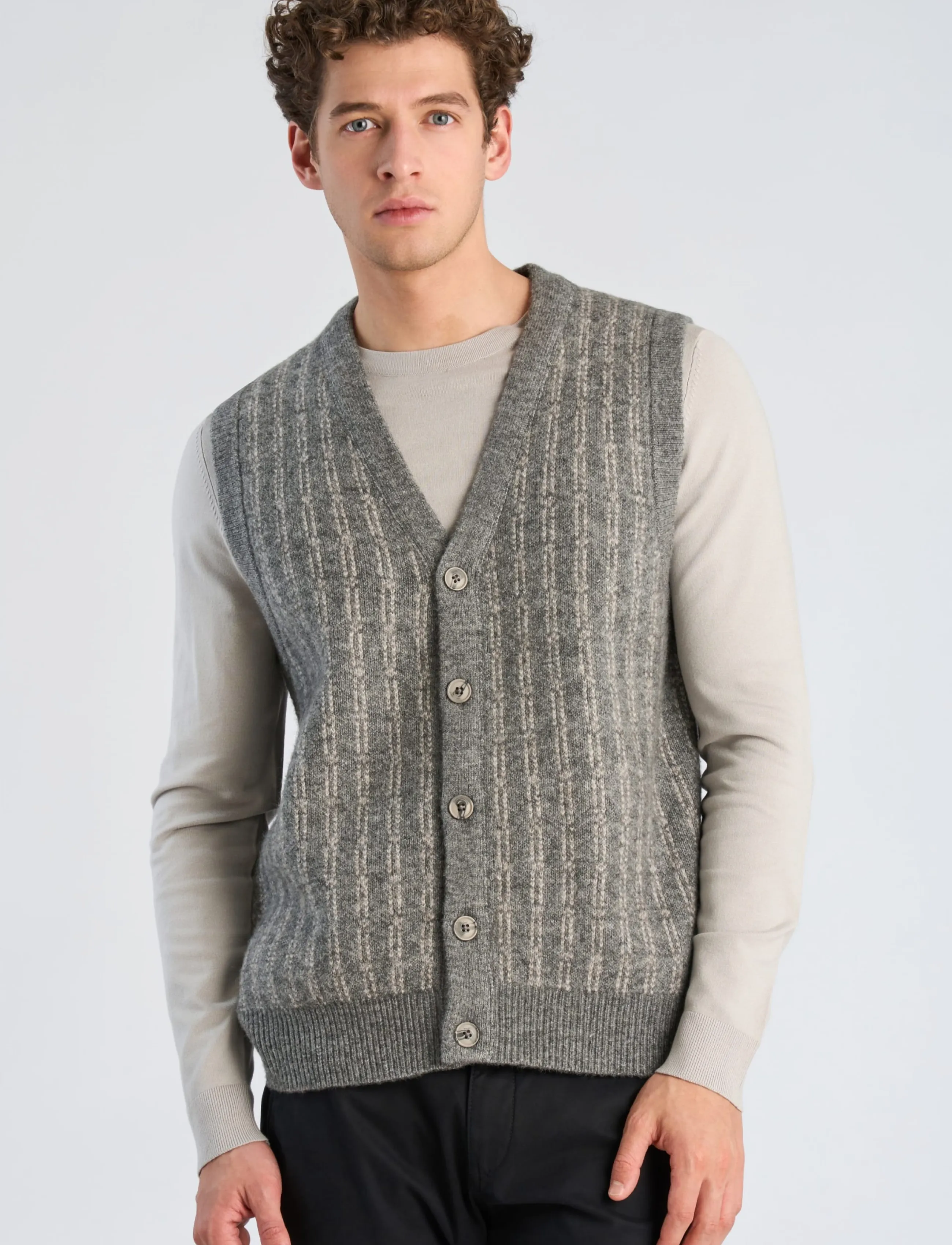 Lindbergh - Jacquard knitted slipover cardigan - knitted vests - grey mel - 4