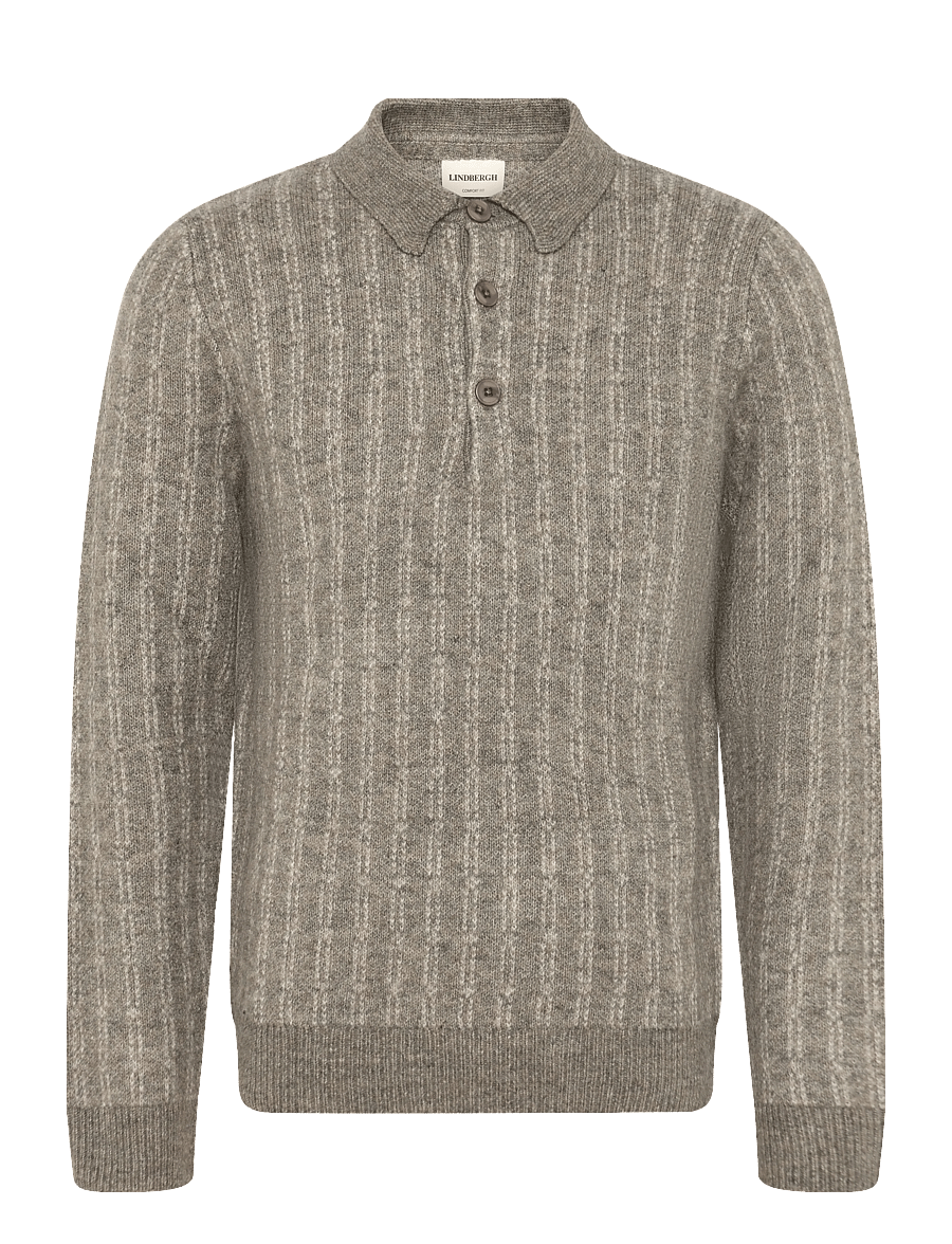 Lindbergh - Jacquard knitted L/S polo cardigan - long-sleeved knitted polos - dk sand mel - 0