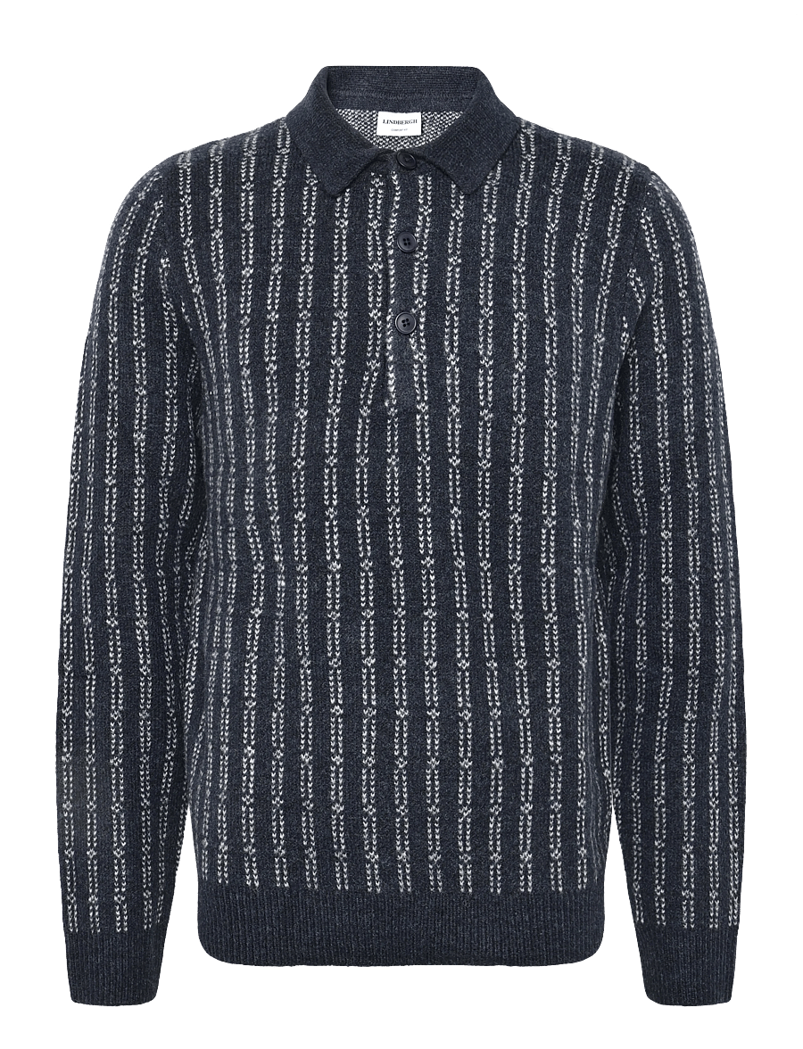 Lindbergh - Jacquard knitted L/S polo cardigan - long-sleeved knitted polos - navy mel - 0