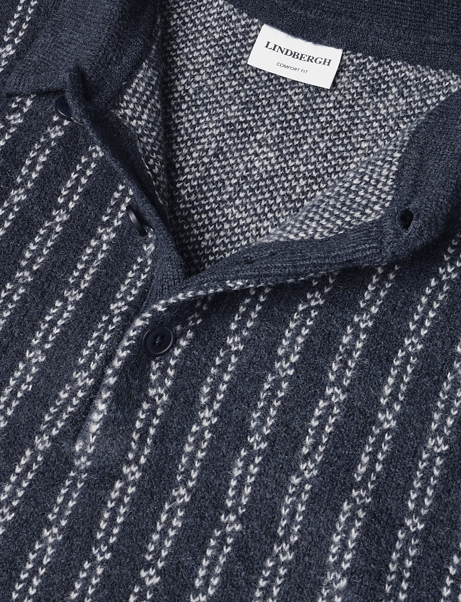 Lindbergh - Jacquard knitted L/S polo cardigan - long-sleeved knitted polos - navy mel - 2
