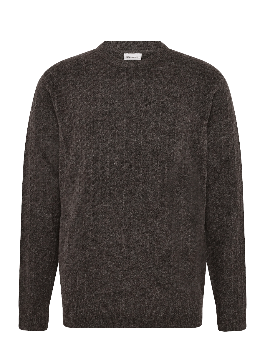 Lindbergh - Jacquard knitted o-neck L/D sweater - round necks - dk brown mel - 0