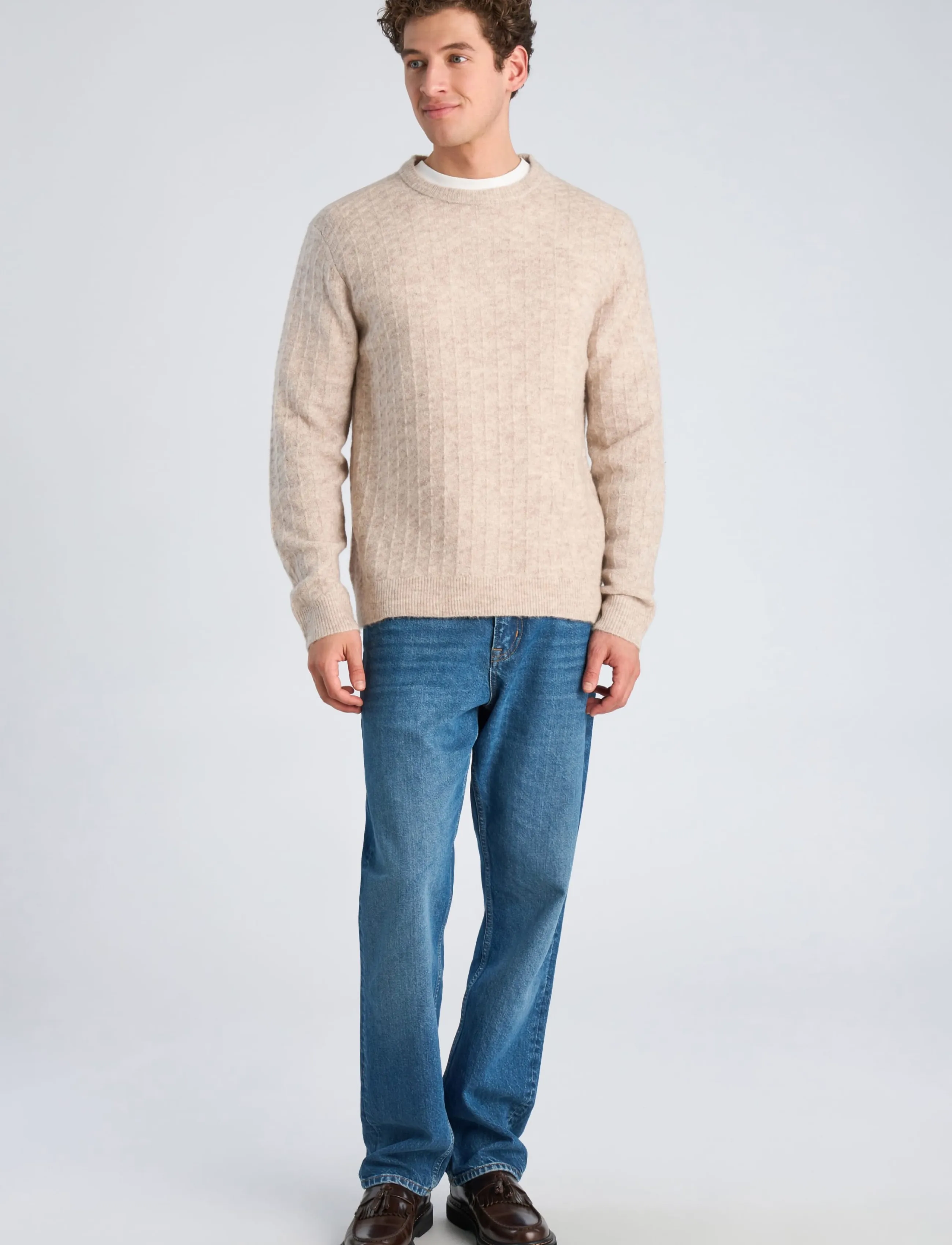 Lindbergh Jacquard Knitted O-Neck L/D Sweater, XXL, Knitwear, Beige - Round Necks, Männer