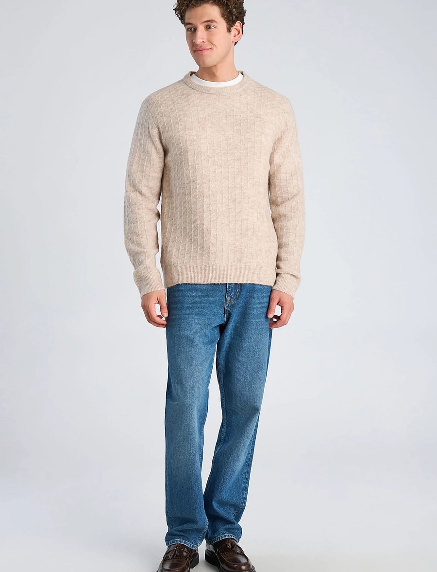 Lindbergh - Jacquard knitted o-neck L/D sweater - rund hals - lt sand mel - 0