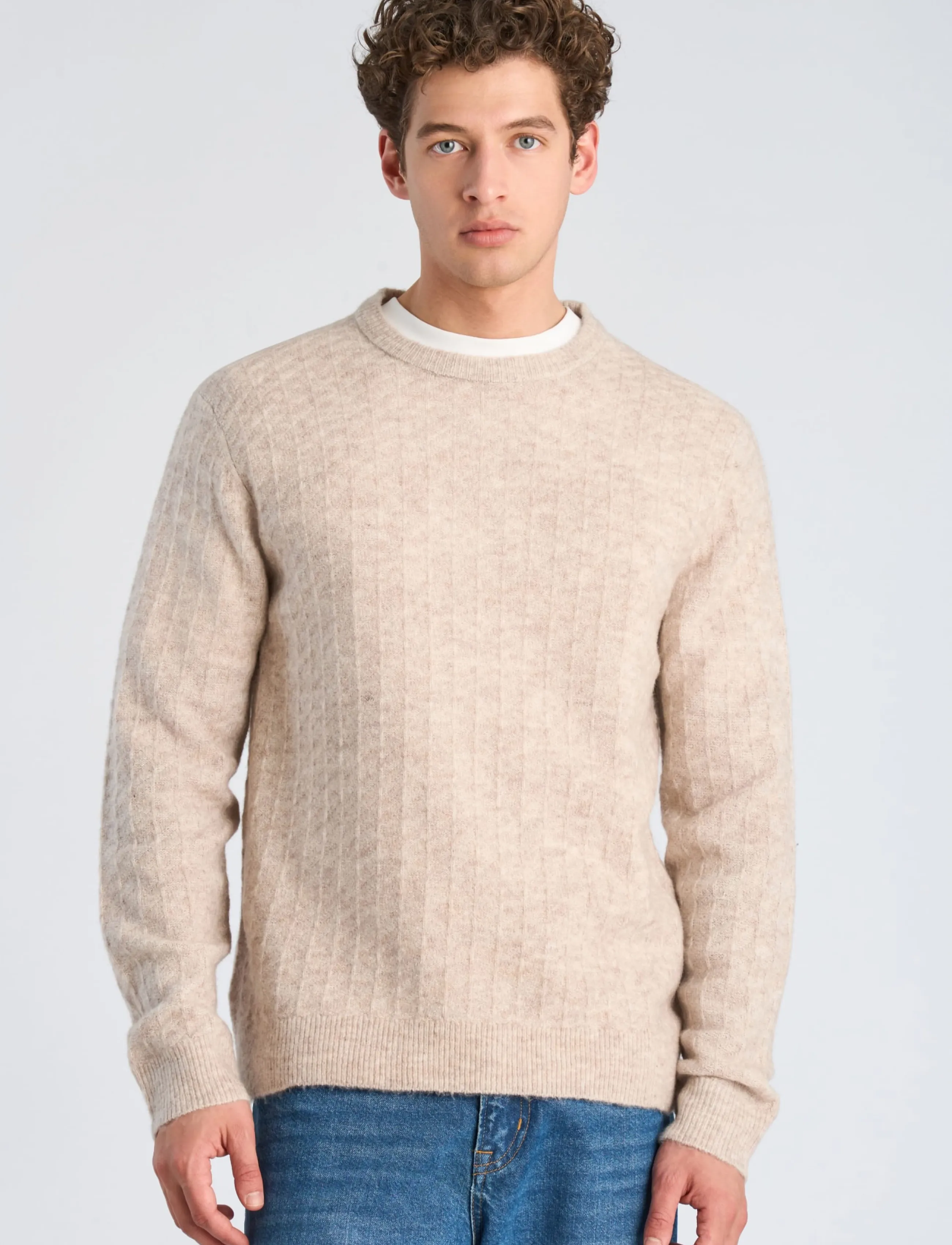 Lindbergh - Jacquard knitted o-neck L/D sweater - rund hals - lt sand mel - 3