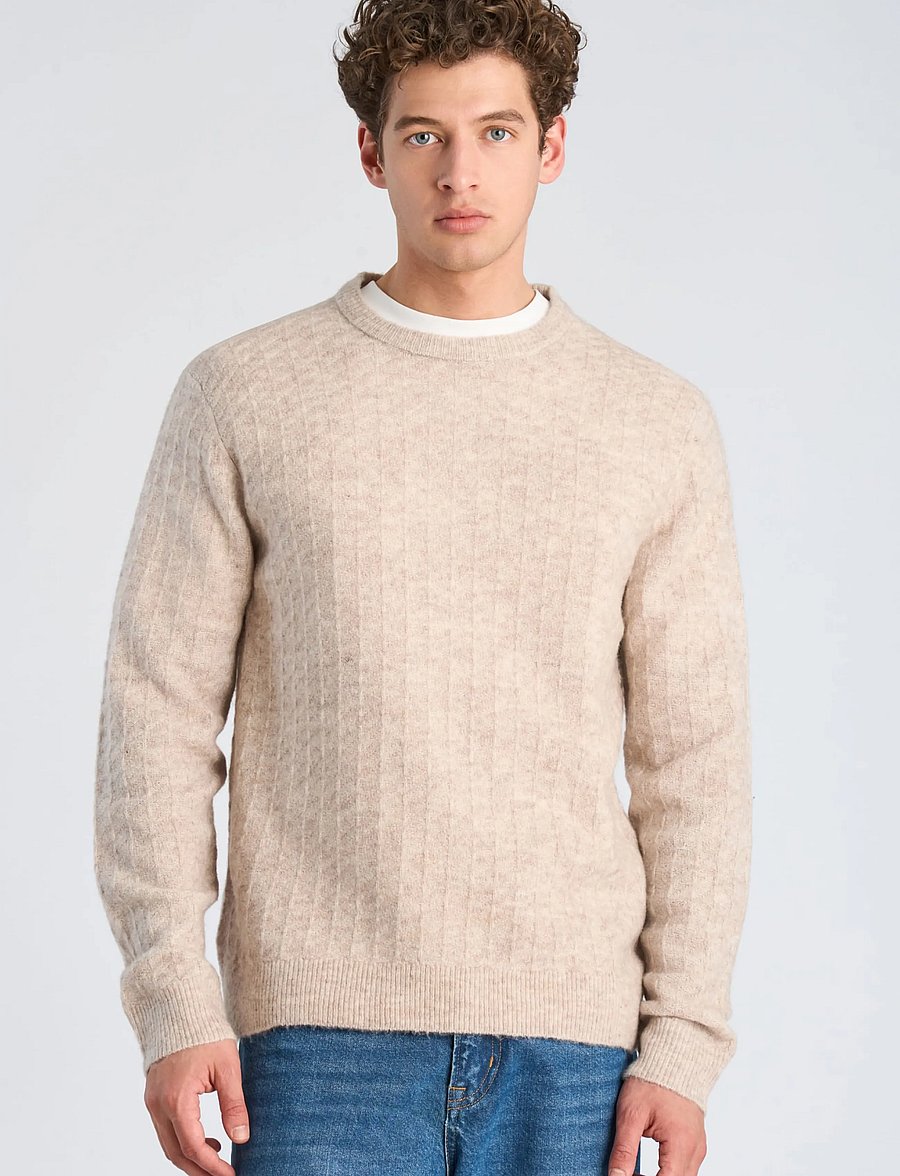Lindbergh - Jacquard knitted o-neck L/D sweater - rund hals - lt sand mel - 3