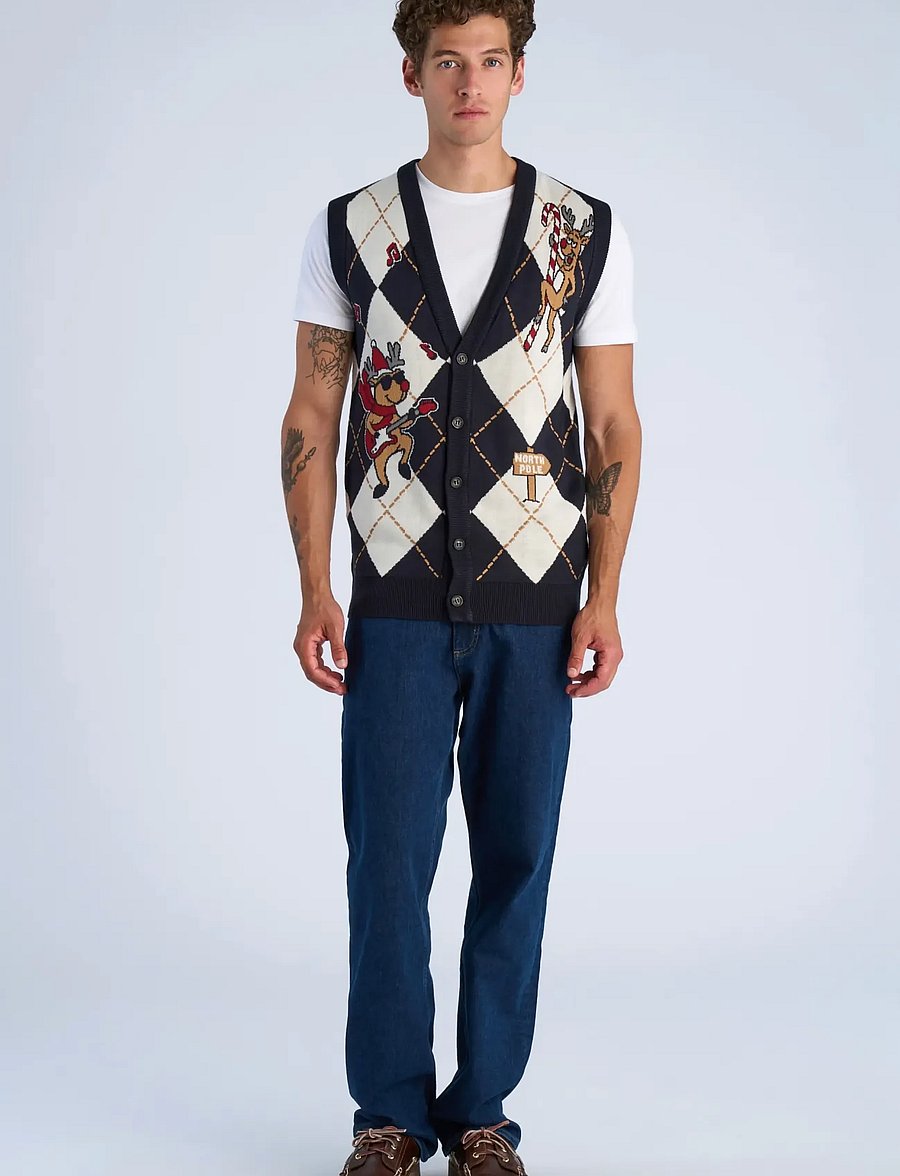 Lindbergh - Christmas argyle vest - knitted vests - navy - 0
