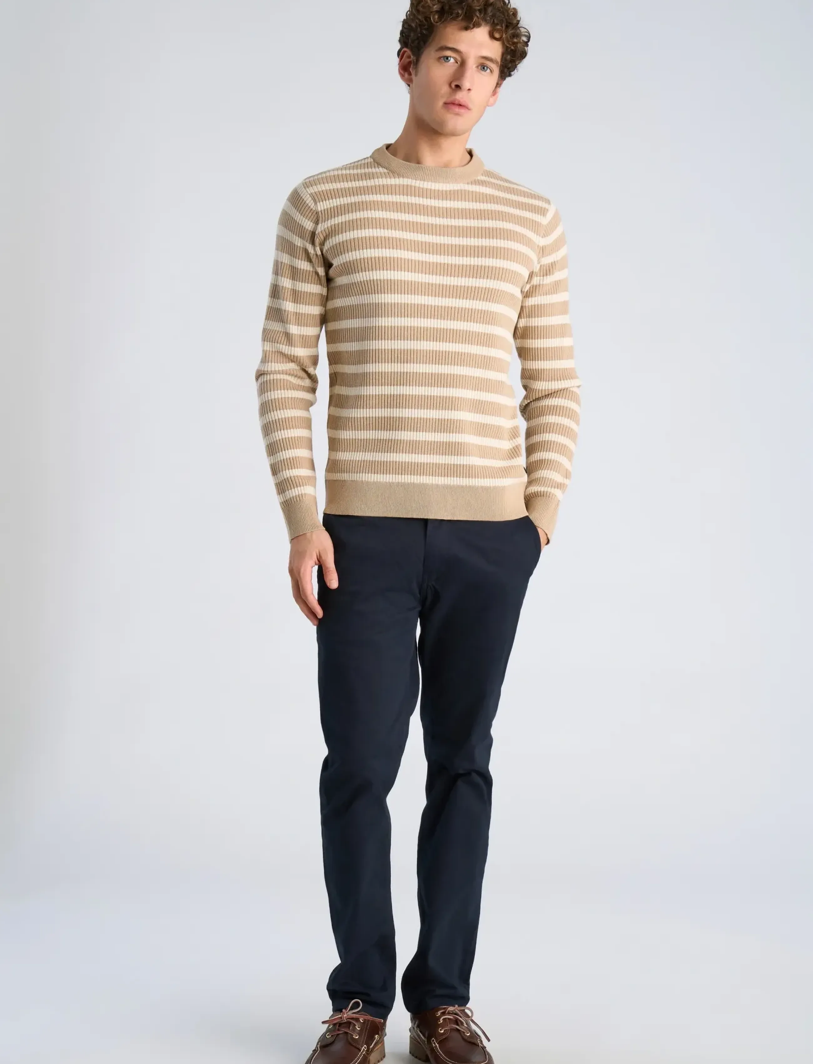 Lindbergh Recycled Crew Neck Knit L/S, L, Beige, Strik > Runde Halse, Herre