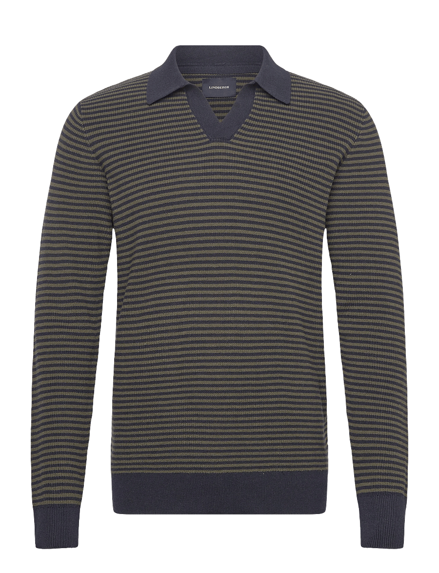 Lindbergh - Recycled v-neck polo knit L/S - poloer i strik med lange ærmer - army - 1