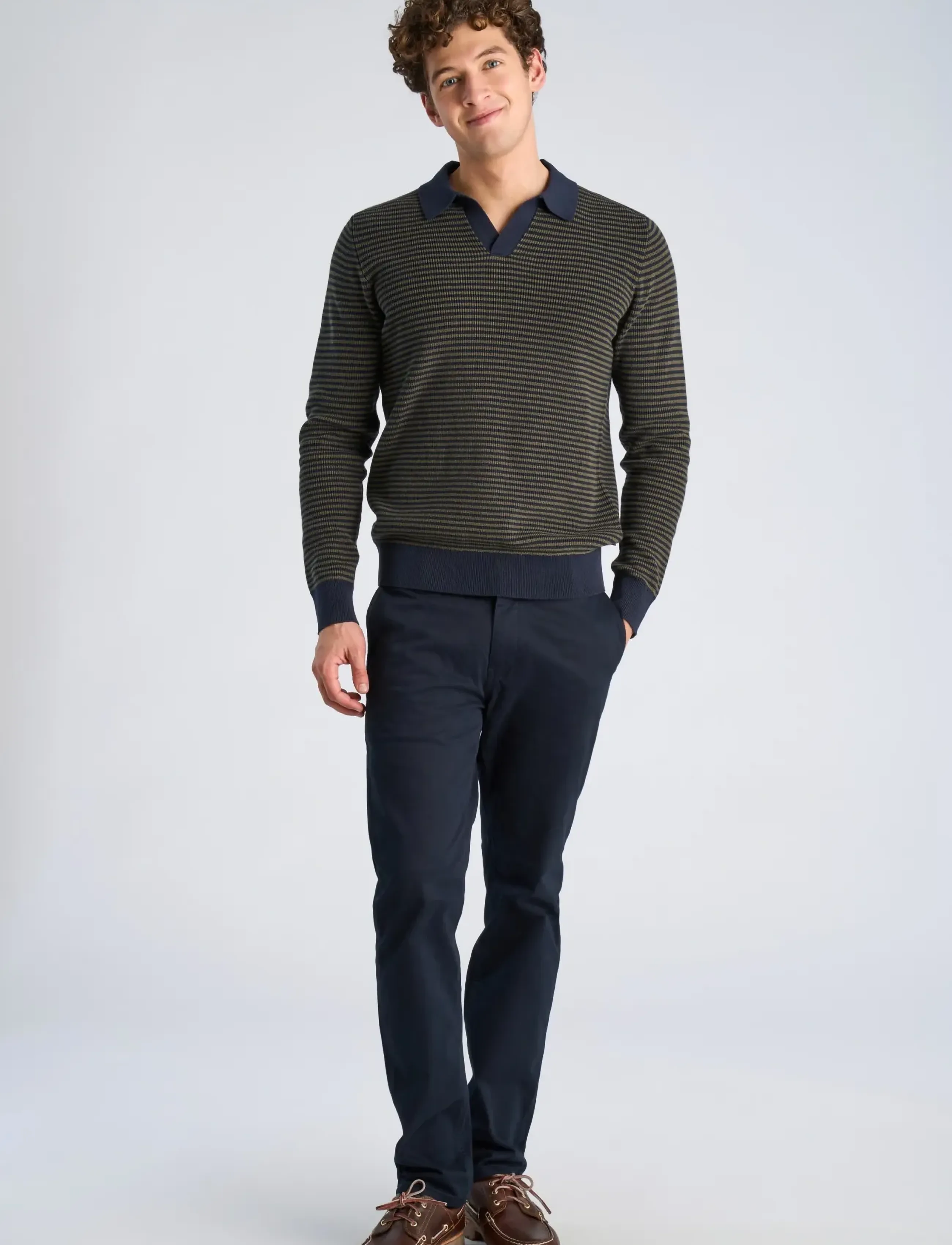 Lindbergh Recycled V-Neck Polo Knit L/S, S, Knitwear, Khakigrün - Long Sleeve Knitted Polos, Männerswear