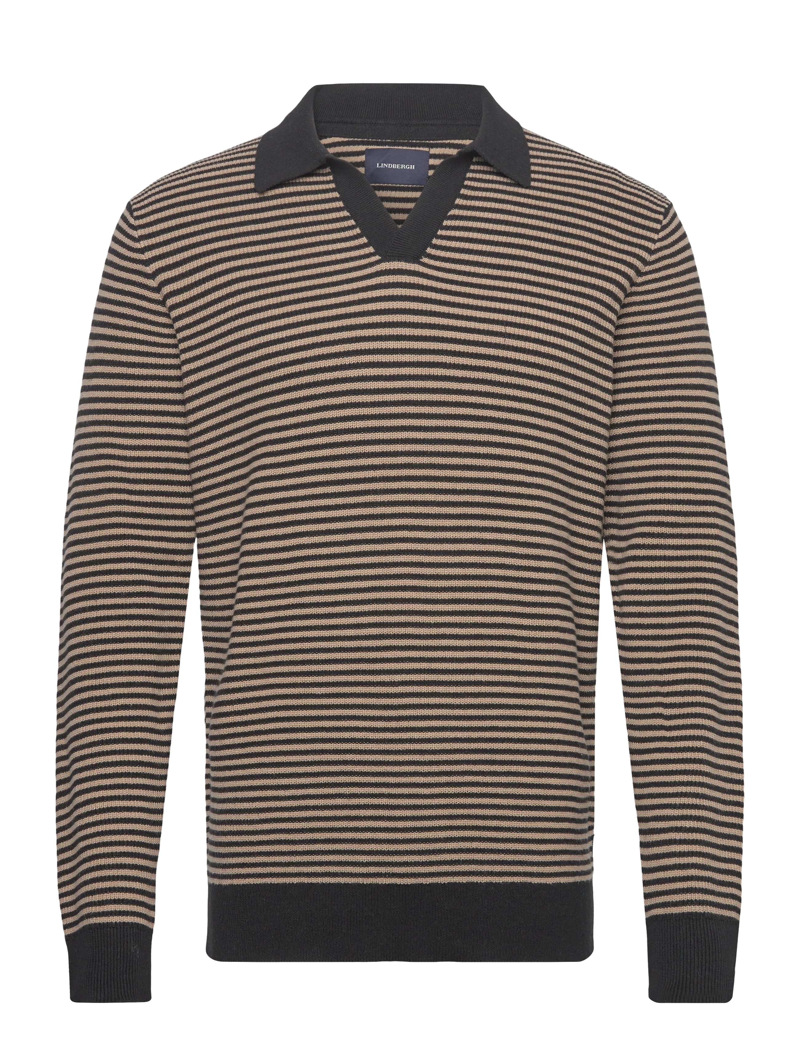 Lindbergh Recycled v-neck polo knit L/S - Lindbergh - BLACK / beige
