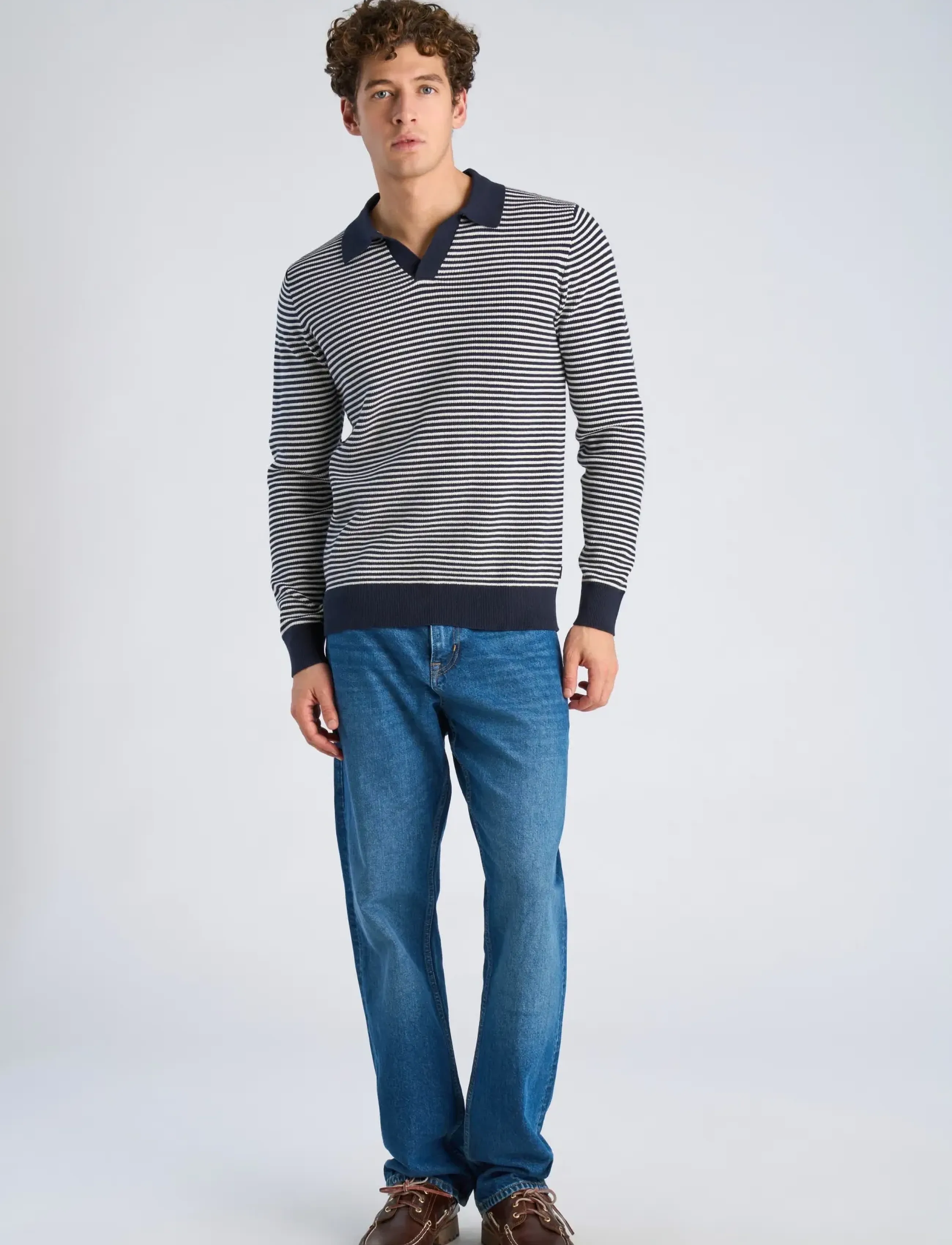 Lindbergh Recycled v-neck polo knit L/S - Langermede, strikkede pologensere - NAVY / navy