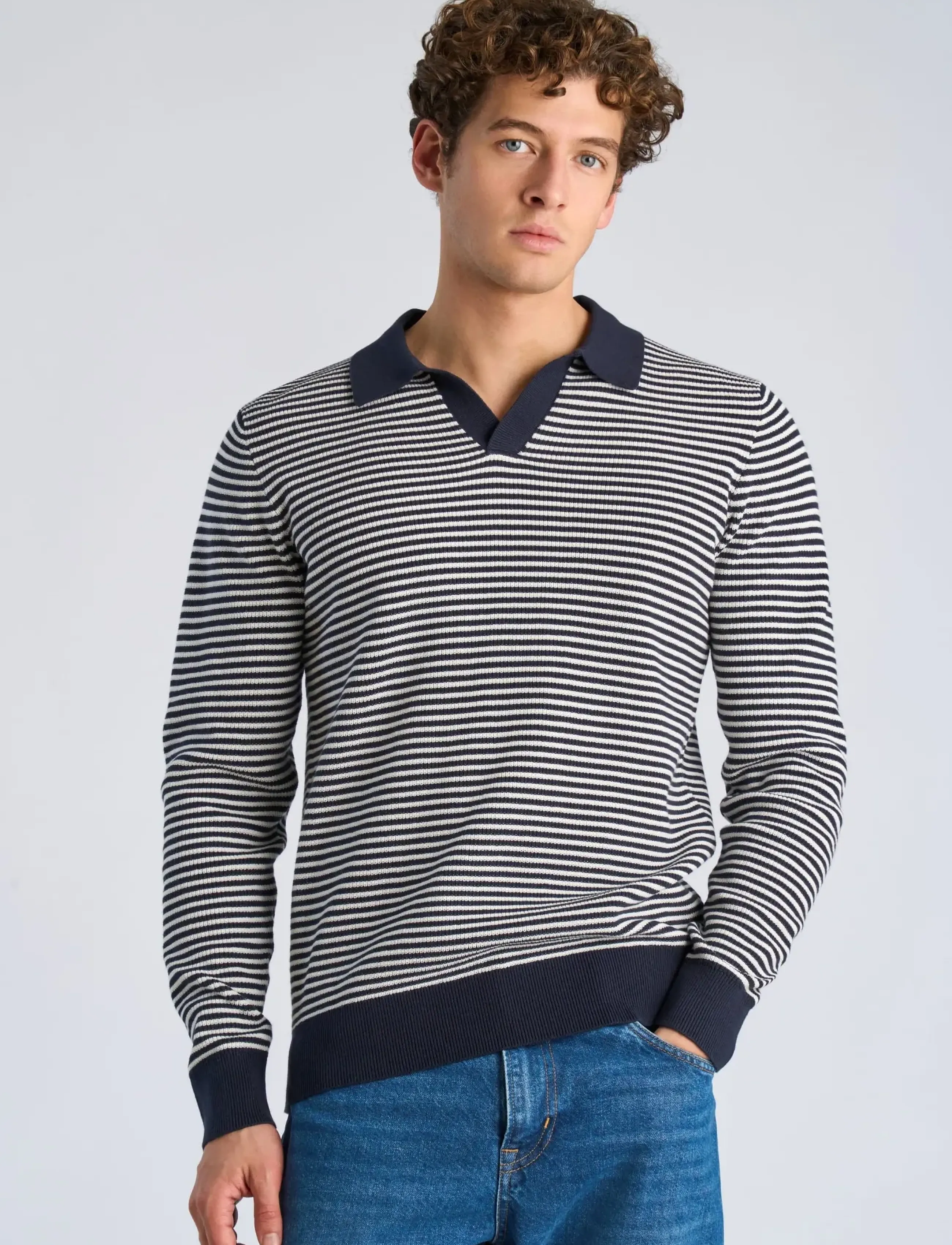 Lindbergh - Recycled v-neck polo knit L/S - langärmelige gestrickte polohemden - navy - 3