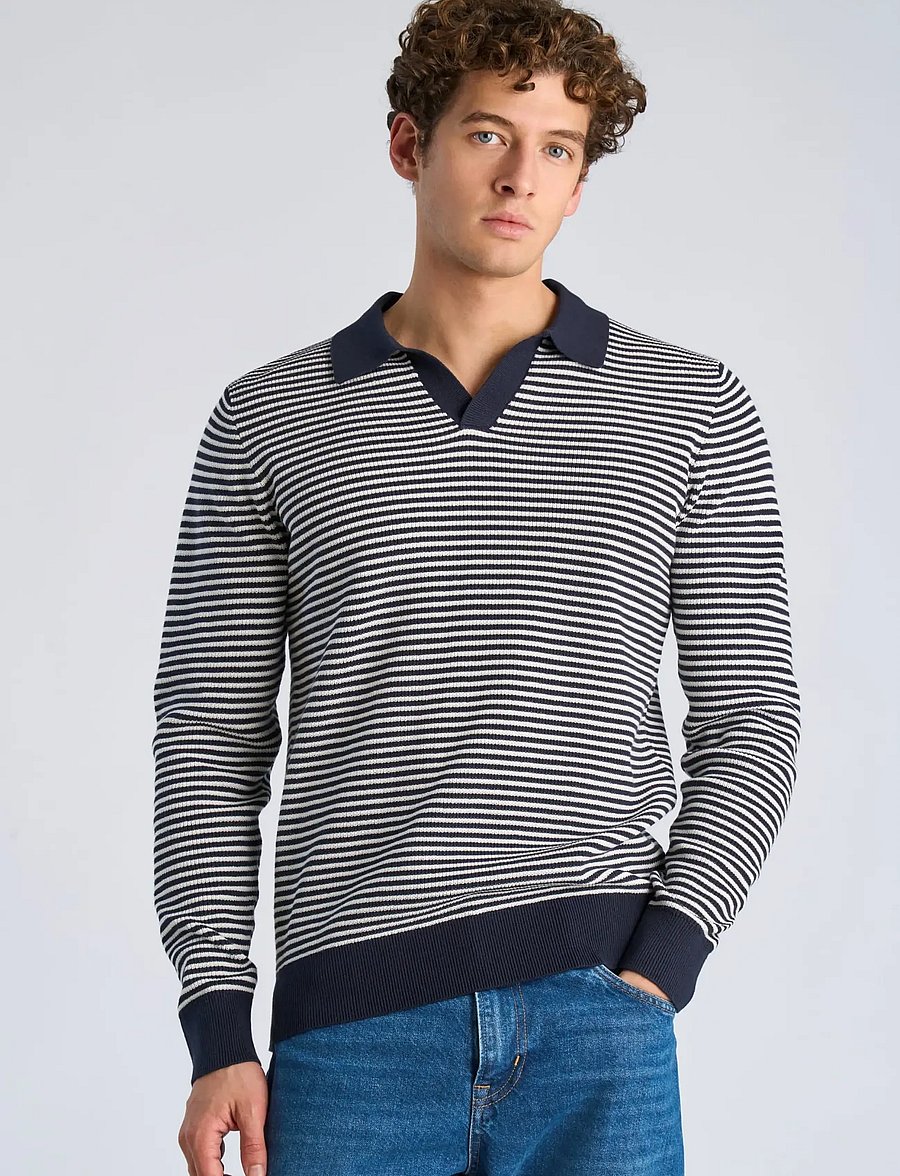Lindbergh - Recycled v-neck polo knit L/S - langärmelige gestrickte polohemden - navy - 3