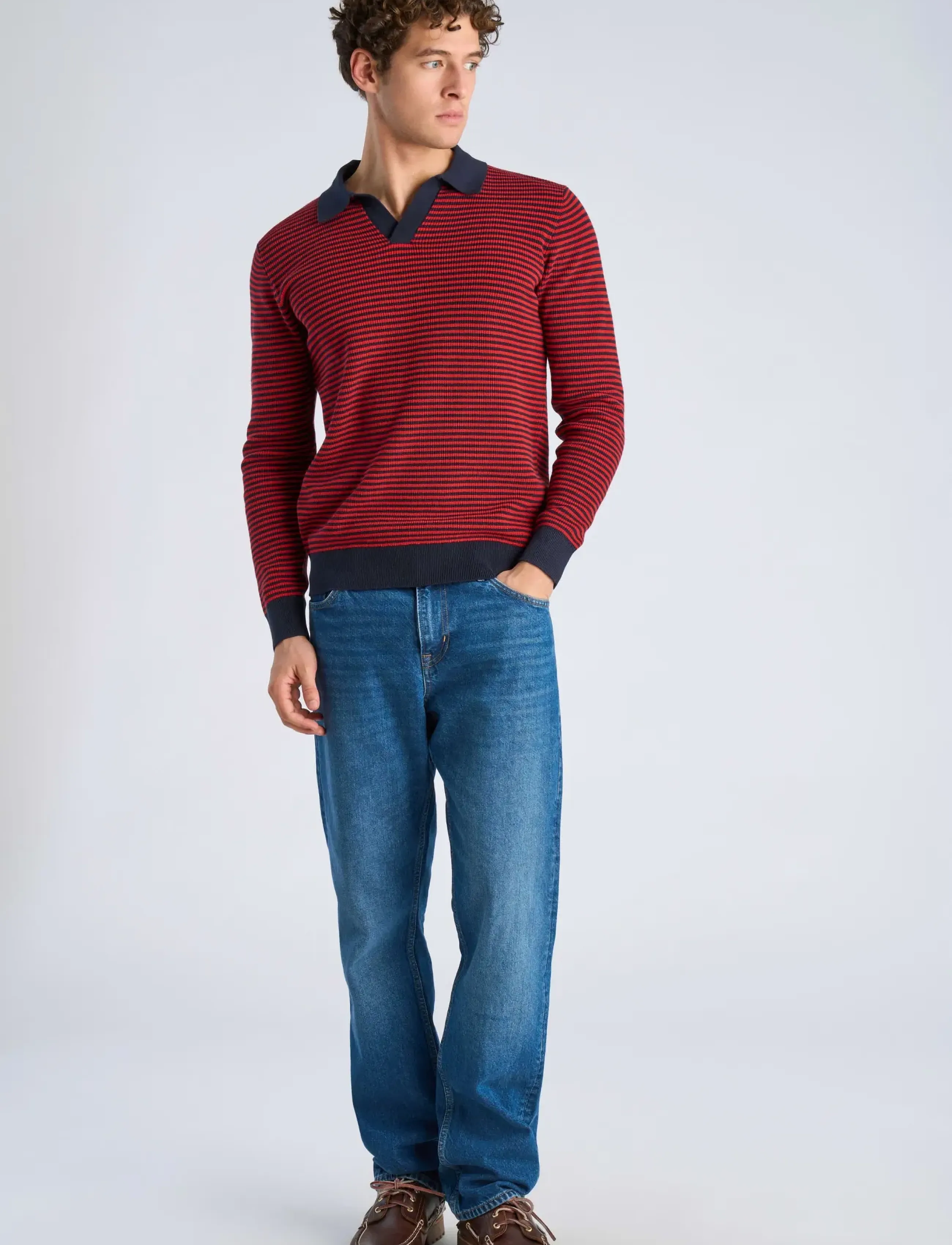 Lindbergh Recycled V-Neck Polo Knit L/S, Mænd, Langærmet V-Hals Polo Strik, Rød, Str: M