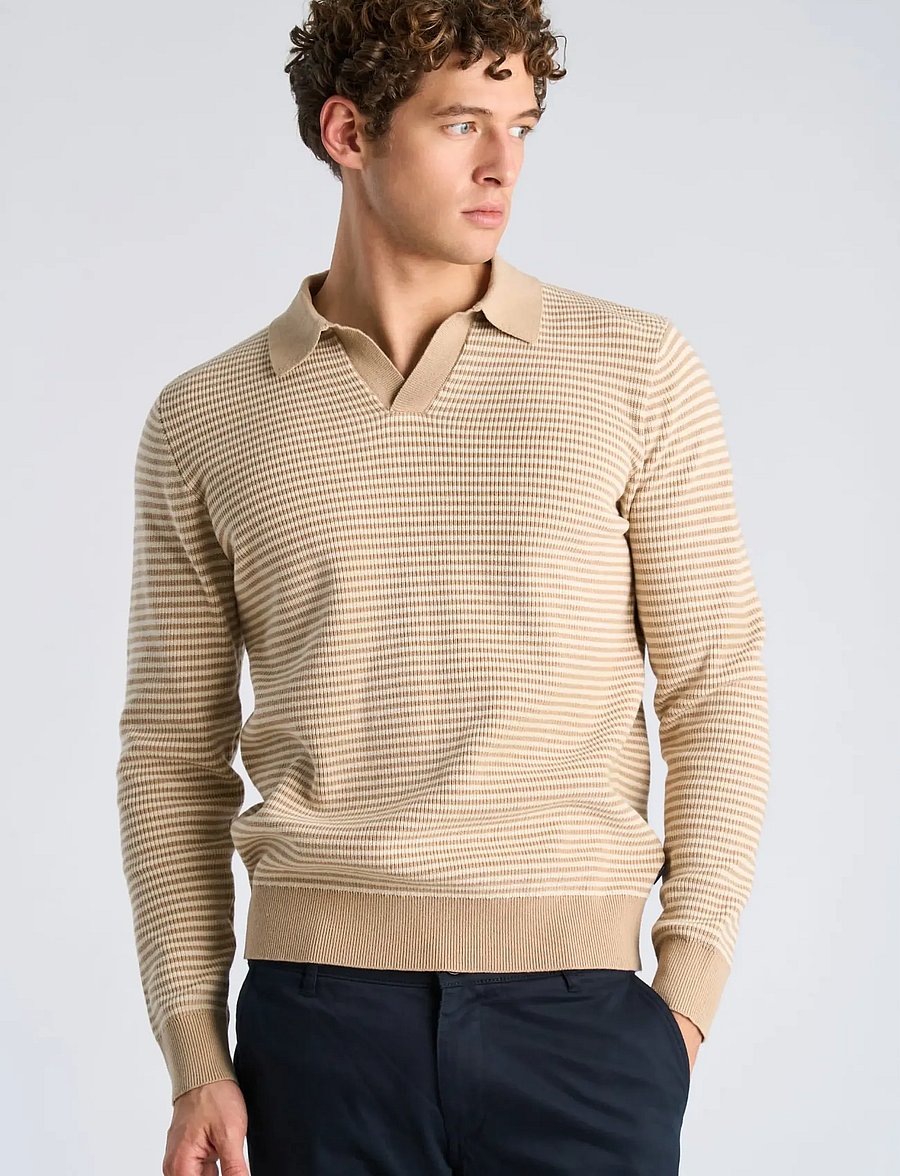 Lindbergh - Recycled v-neck polo knit L/S - poloer i strik med lange ærmer - sand - 3