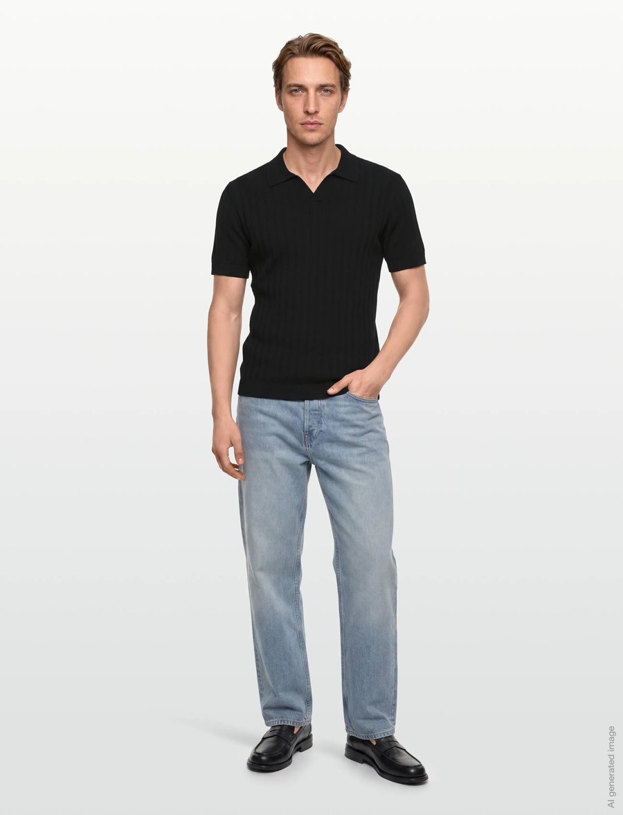 Lindbergh - Knitted S/S v-neck polo - langärmlige strick-polohemden - black - 0