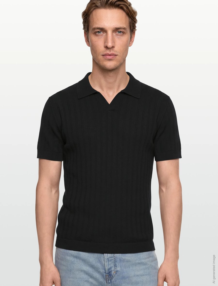 Lindbergh - Knitted S/S v-neck polo - langärmlige strick-polohemden - black - 3