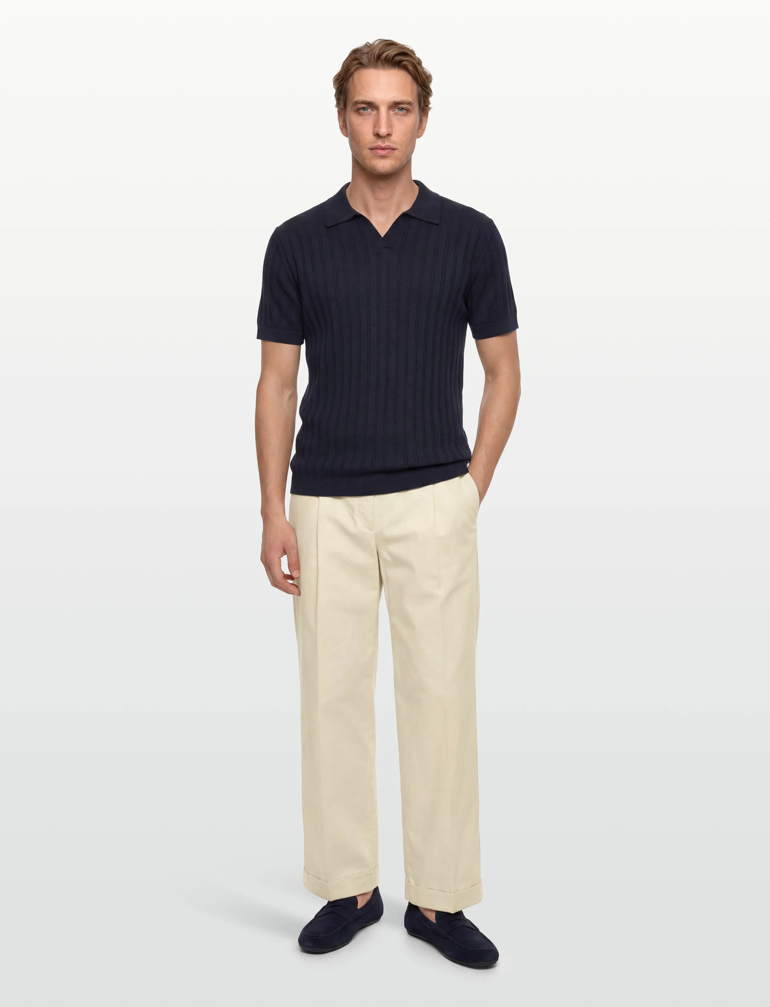 Lindbergh Knitted S/S V-Neck Polo, XL, Knitwear, Marineblau - Short Sleeve Polos, Männerswear