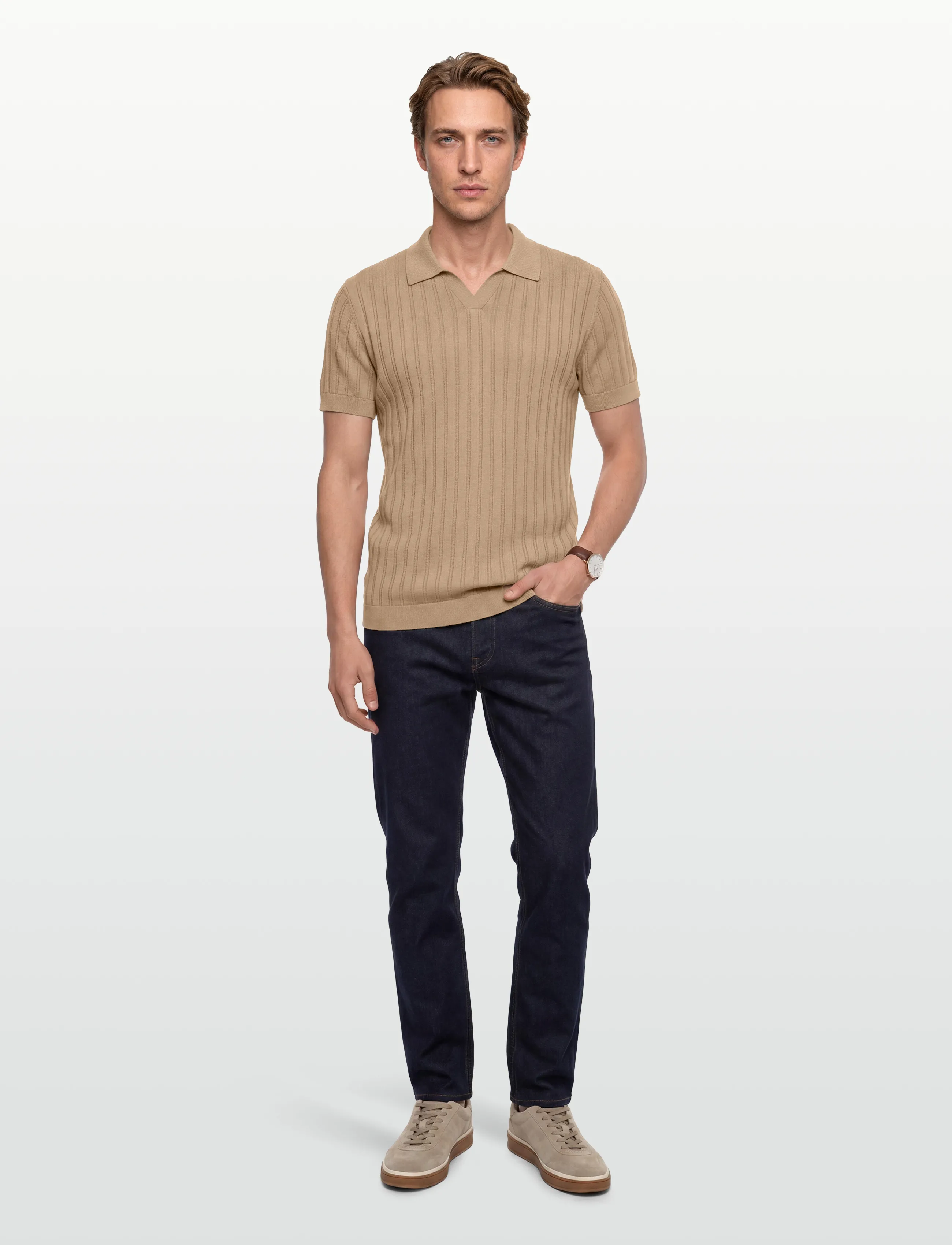Lindbergh Knitted S/S V-Neck Polo, Mænd, Strikket Kortærmet V-Hals Polo Shirt, Beige, Str: XL