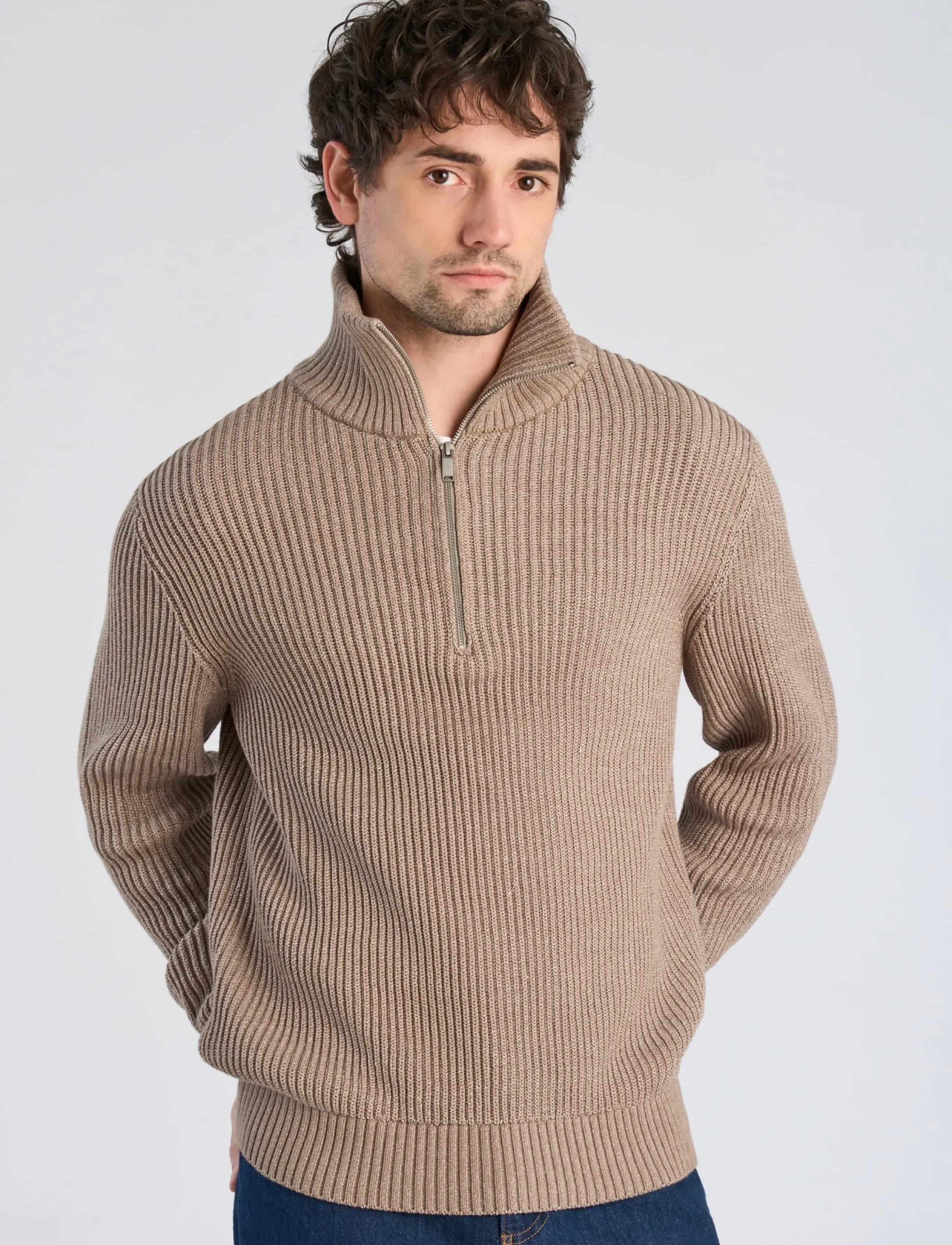 Lindbergh - Half zip knit jumper - poolpika lukuga džemprid - lt sand mix - 3