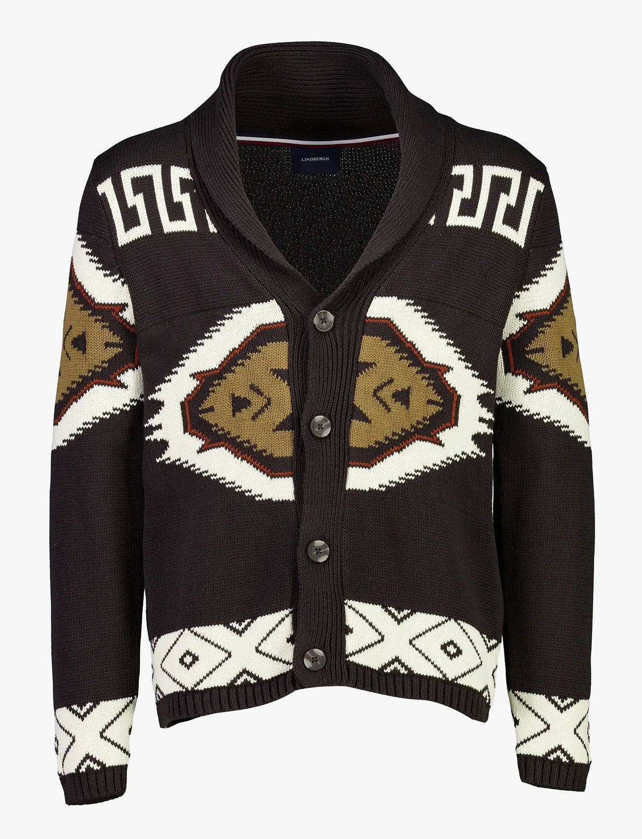 Lindbergh - Shawl collar intarsia cardigan - koftor - dk brown - 1