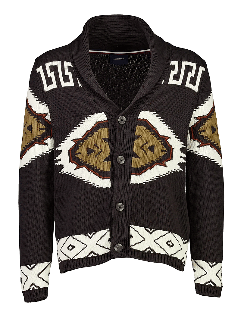 Lindbergh - Shawl collar intarsia cardigan - koftor - dk brown - 1
