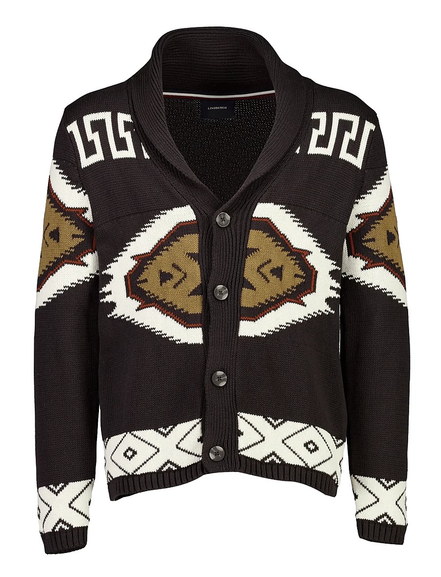 Lindbergh - Shawl collar intarsia cardigan - dk brown - 1