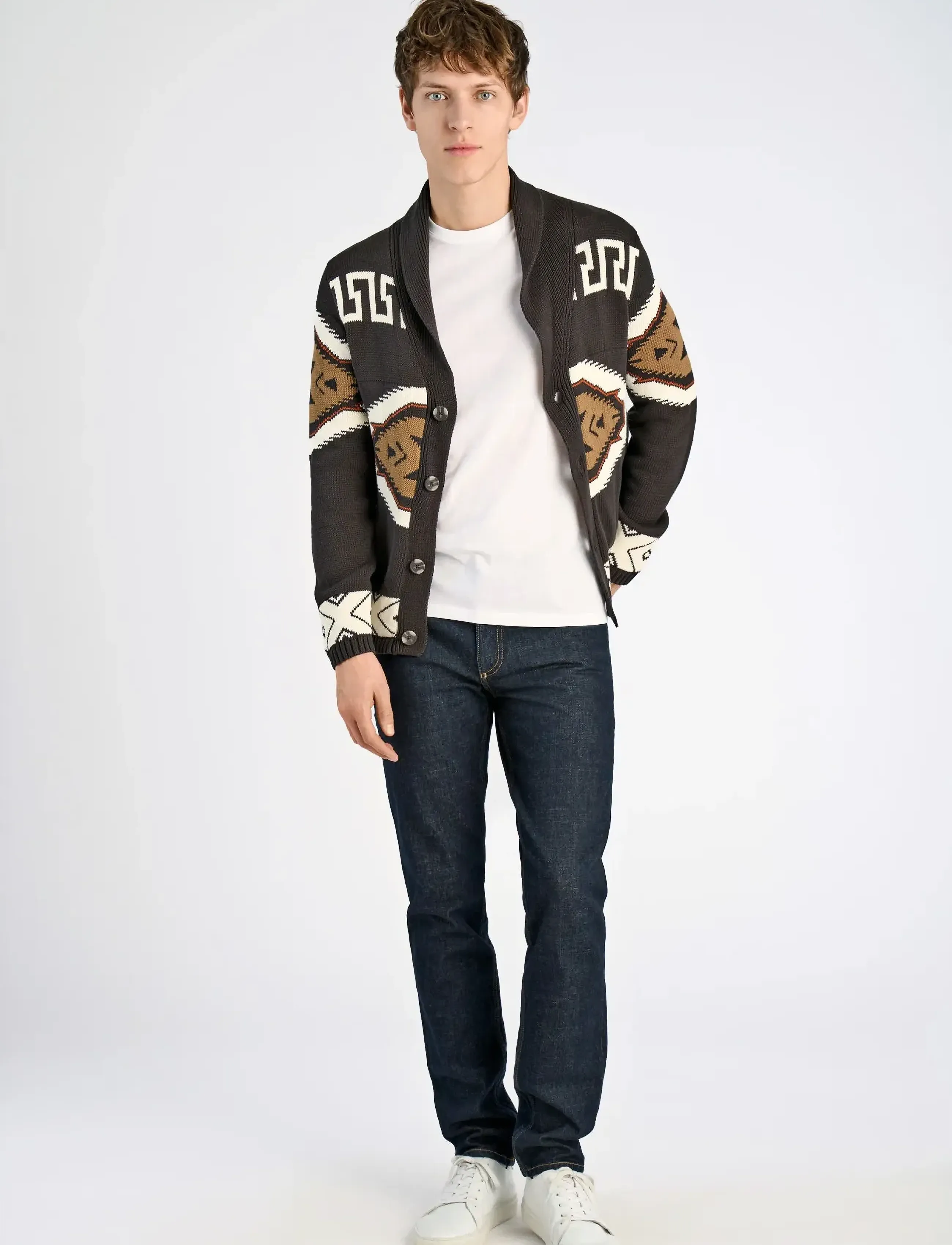 Lindbergh Shawl collar intarsia cardigan - Vintergarderobe - DK BROWN / black