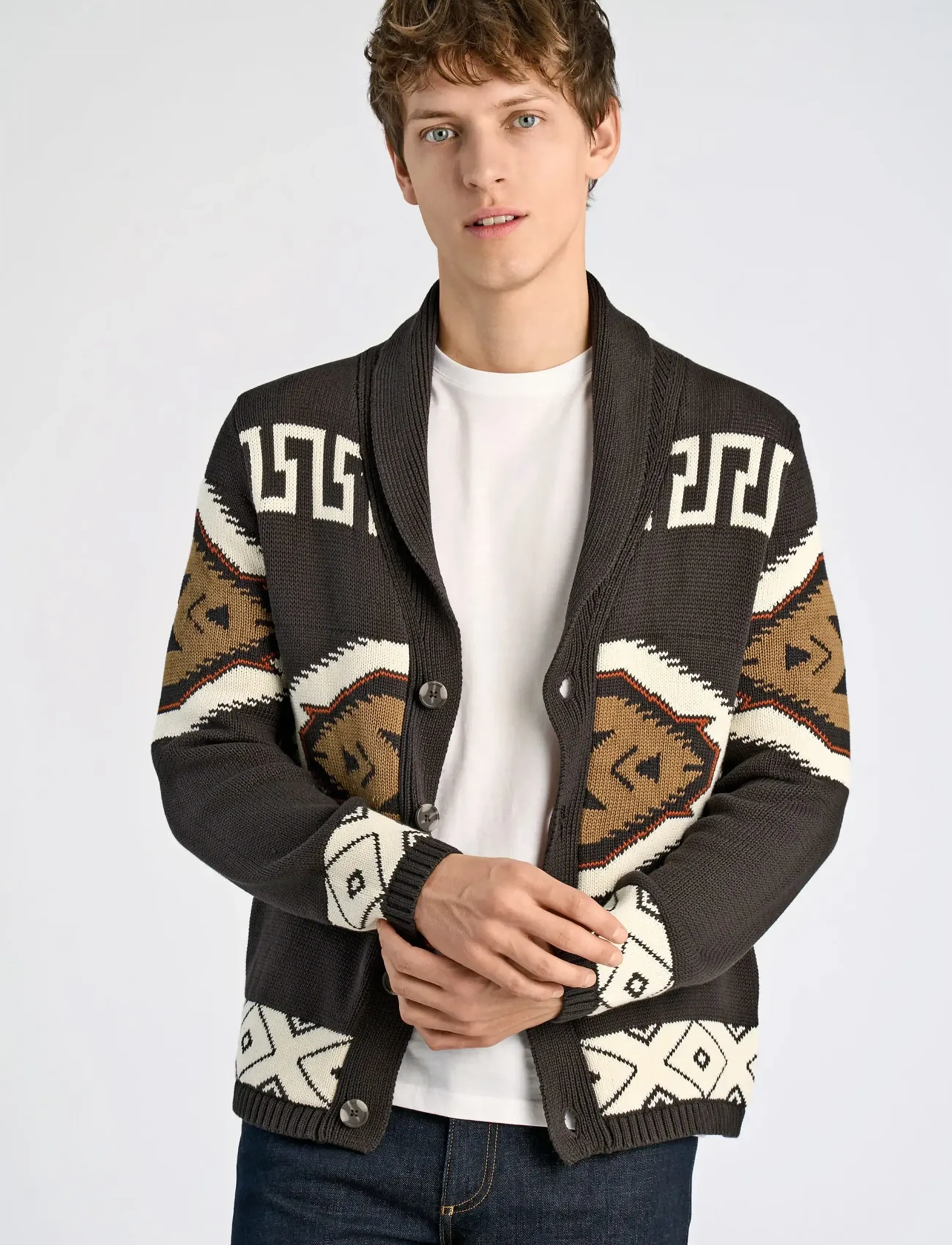 Lindbergh - Shawl collar intarsia cardigan - dk brown - 5