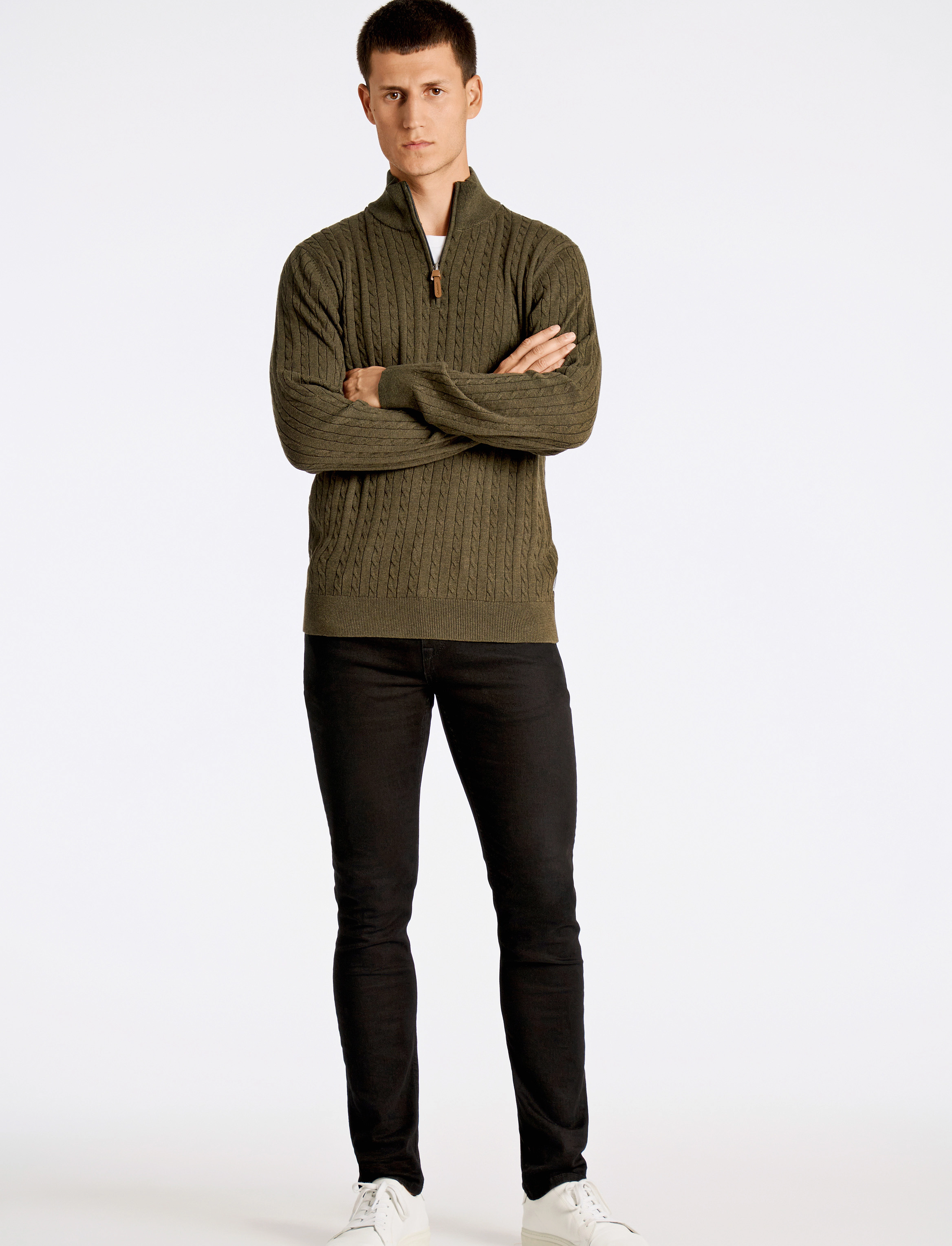 Lindbergh - 1/2 zip cable knit - strik - army mel - 4
