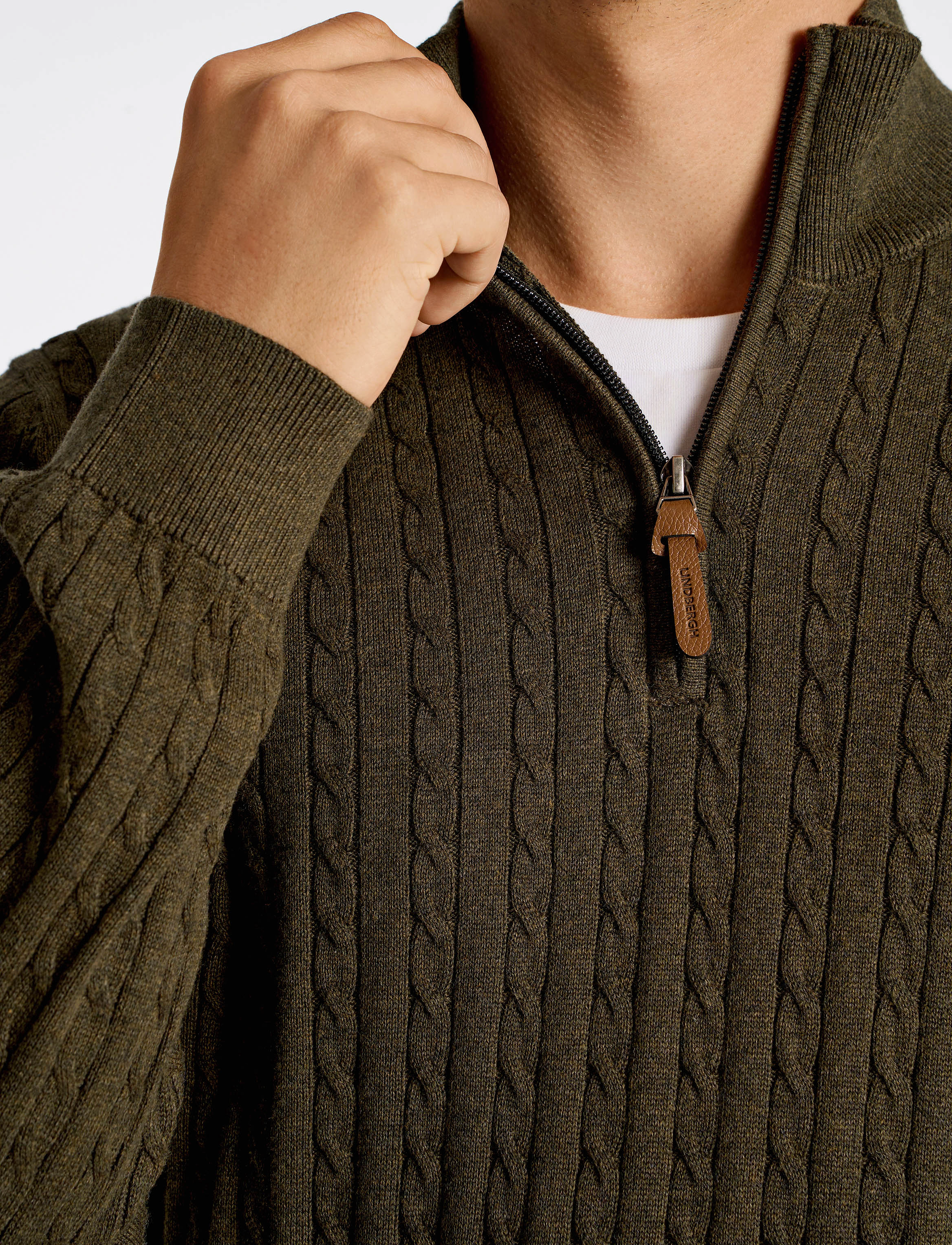 Lindbergh - 1/2 zip cable knit - strik - army mel - 5