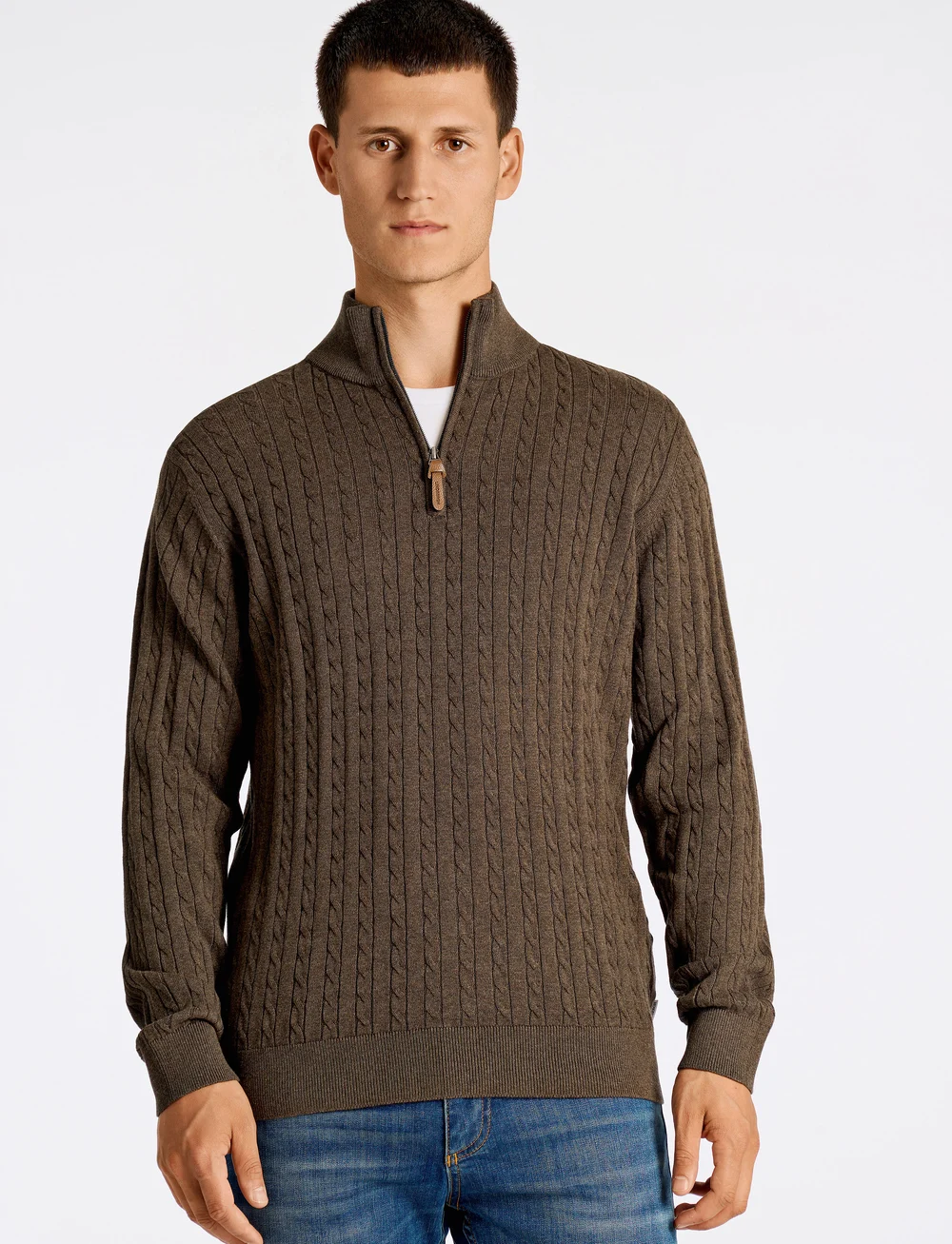 Lindbergh - 1/2 zip cable knit - half zip jumpers - brown mel - 0