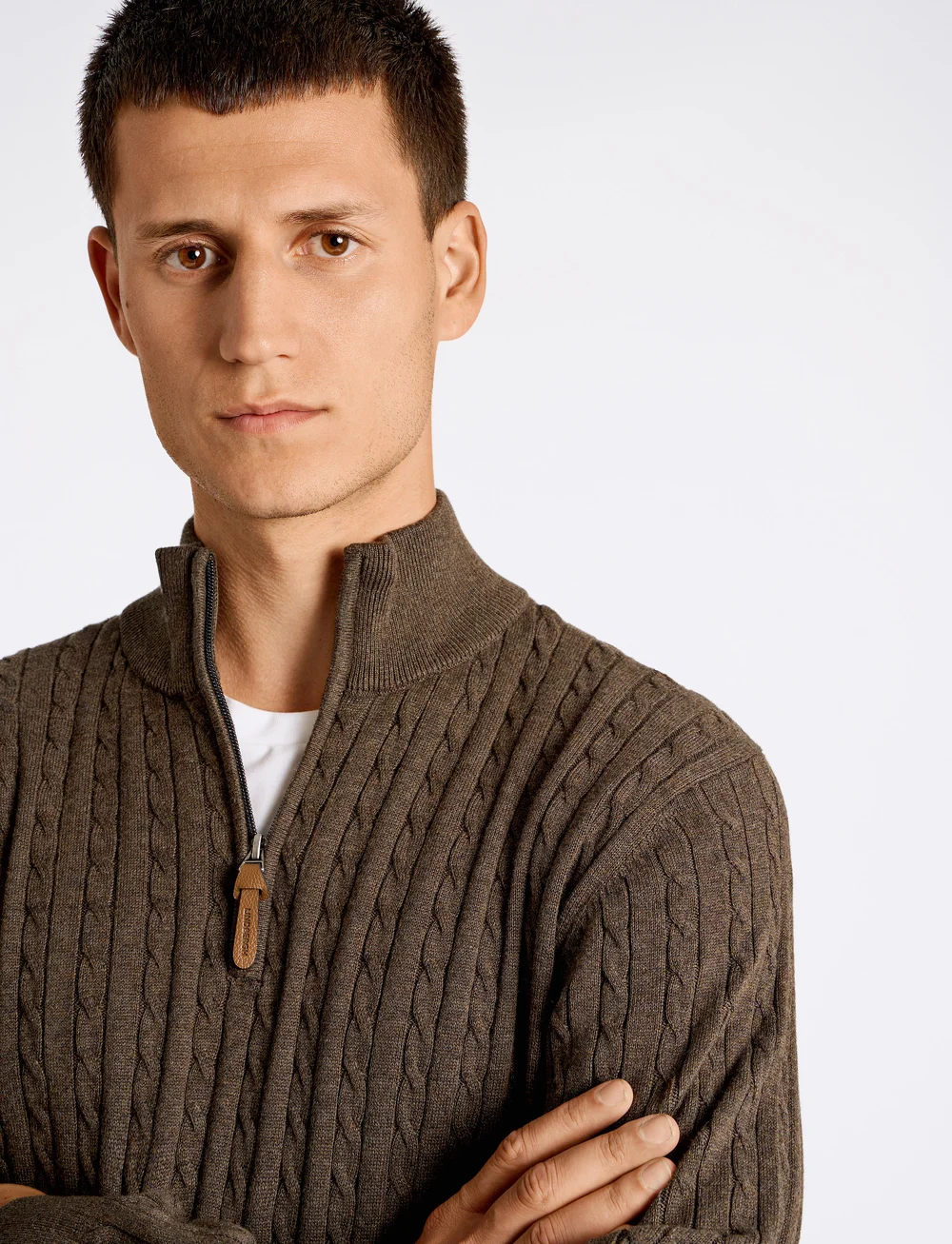 Lindbergh - 1/2 zip cable knit - half zip jumpers - brown mel - 5