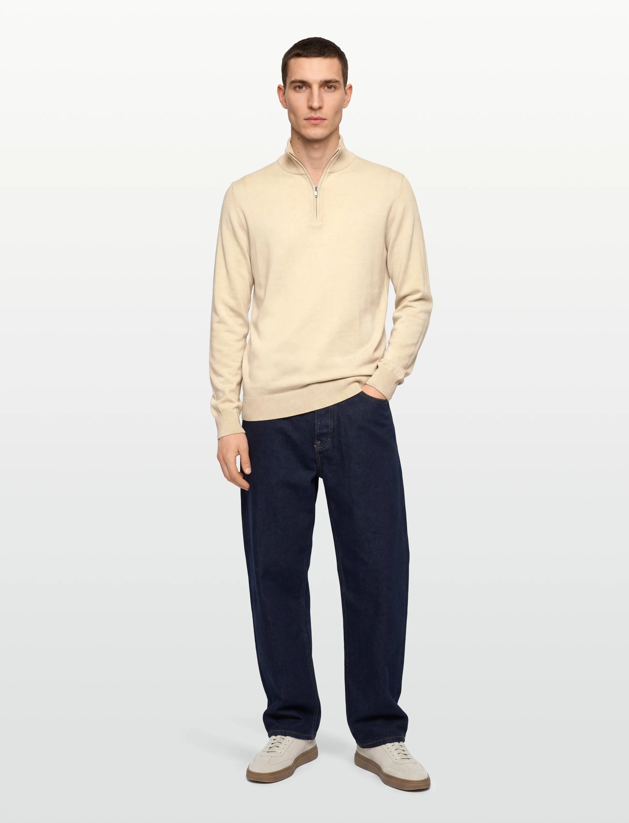 Lindbergh Half Zip With High Neck, S, Knitwear, Beige - Jumpers, Männerswear