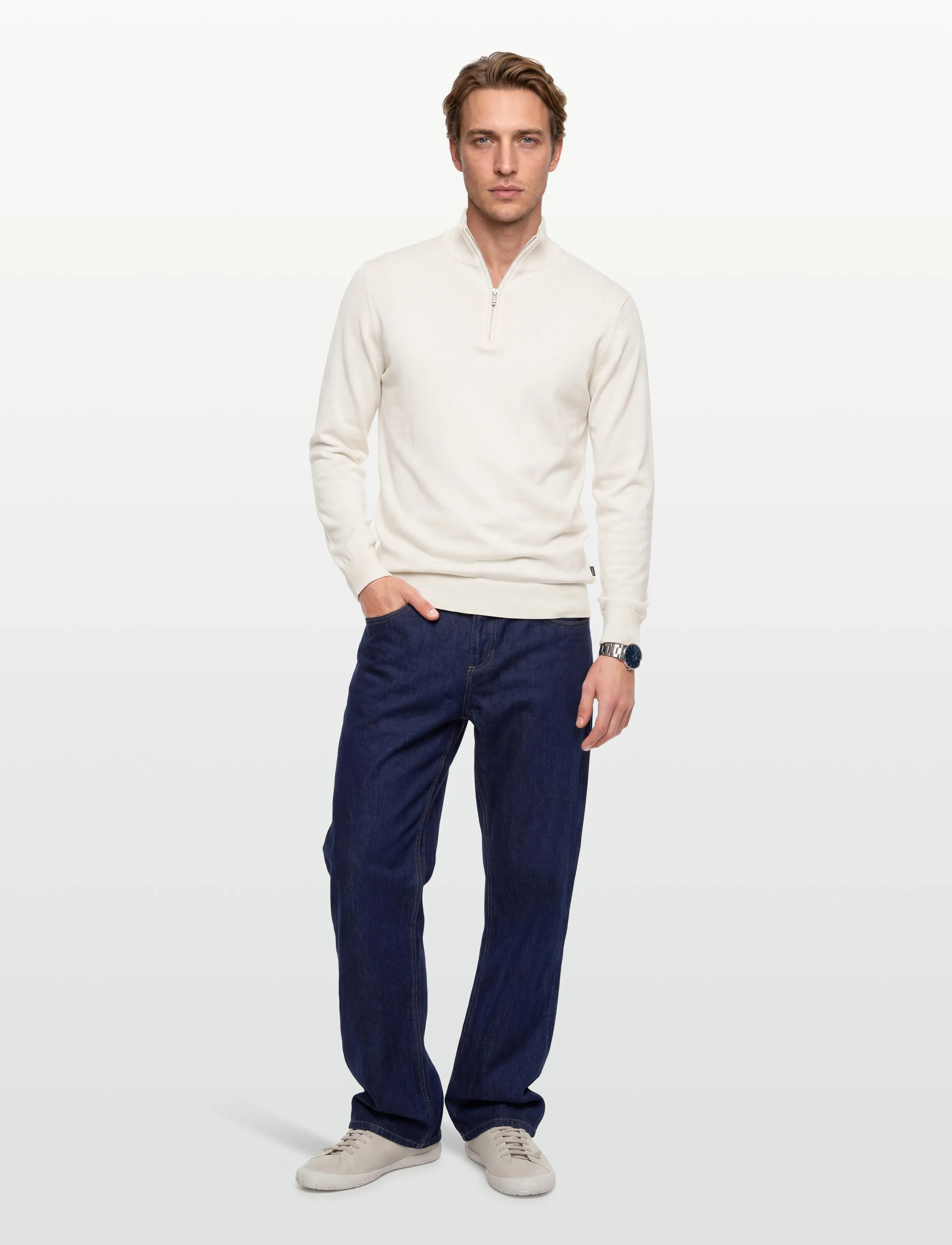 Lindbergh Half Zip With High Neck, XL, White, Strik > Trøjer Med Halv Lynlås, Herre