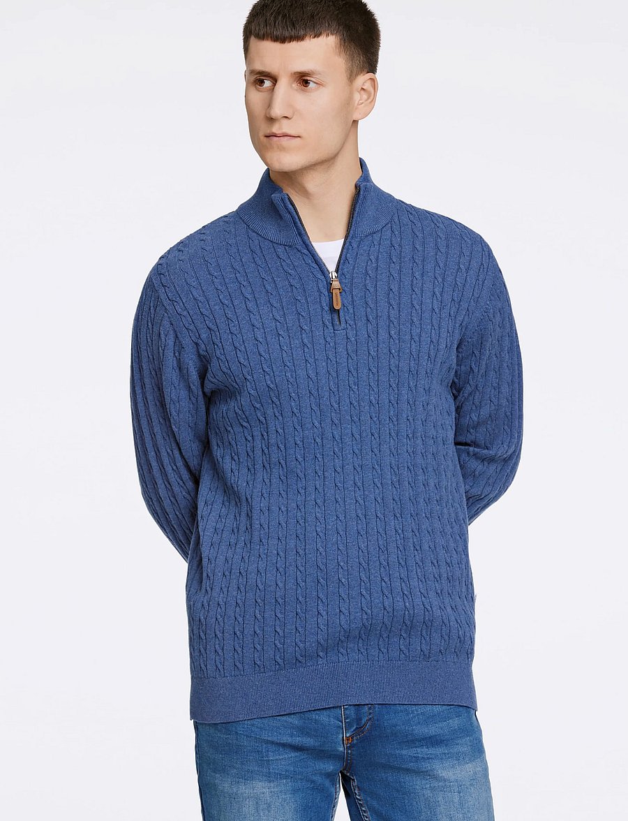 Lindbergh - 1/2 zip cable knit - halfzip strik - blue mel - 3