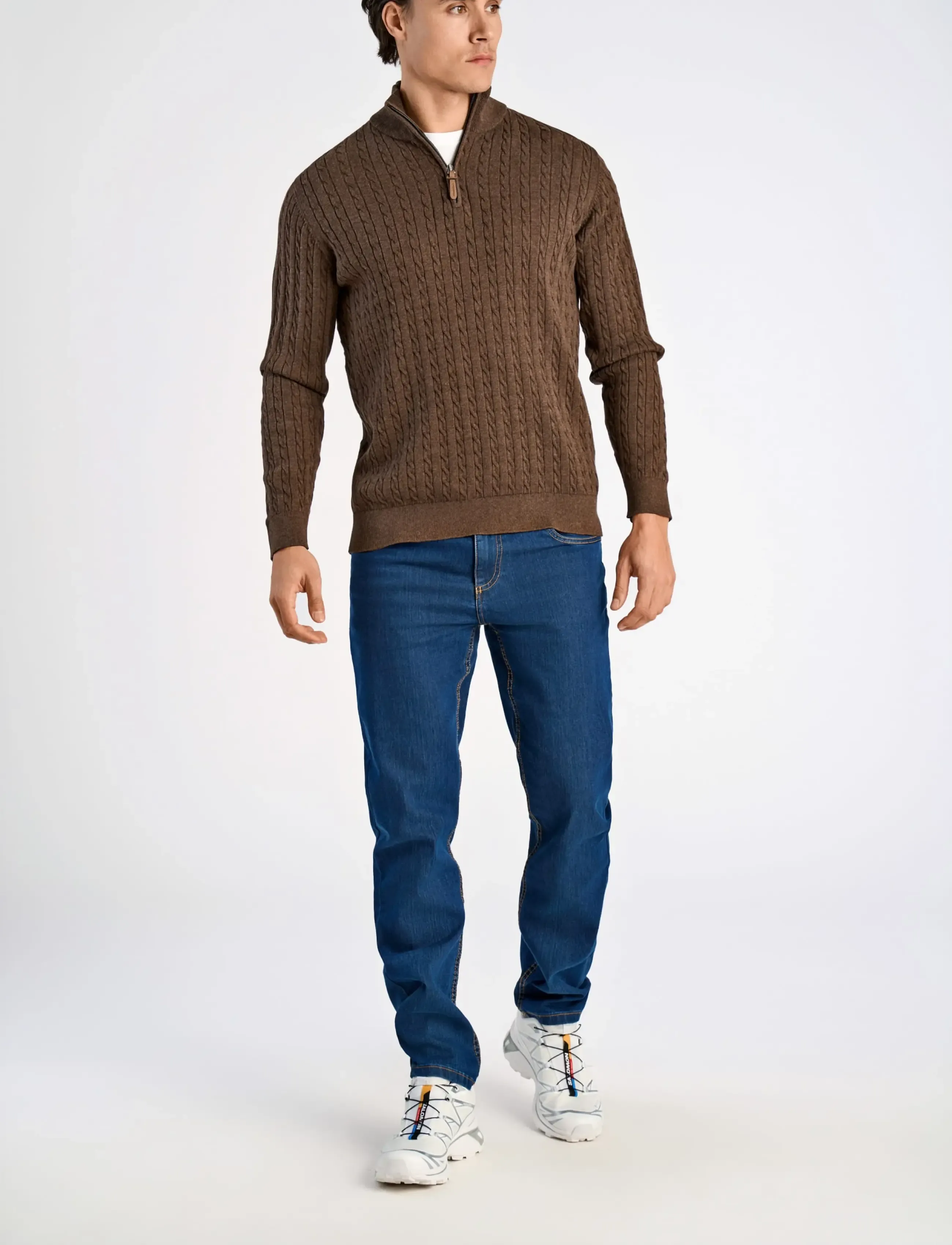 Lindbergh 1/2 Zip Cable Knit, XL, Knitwear, Braun - Half Jumpers, Männerswear