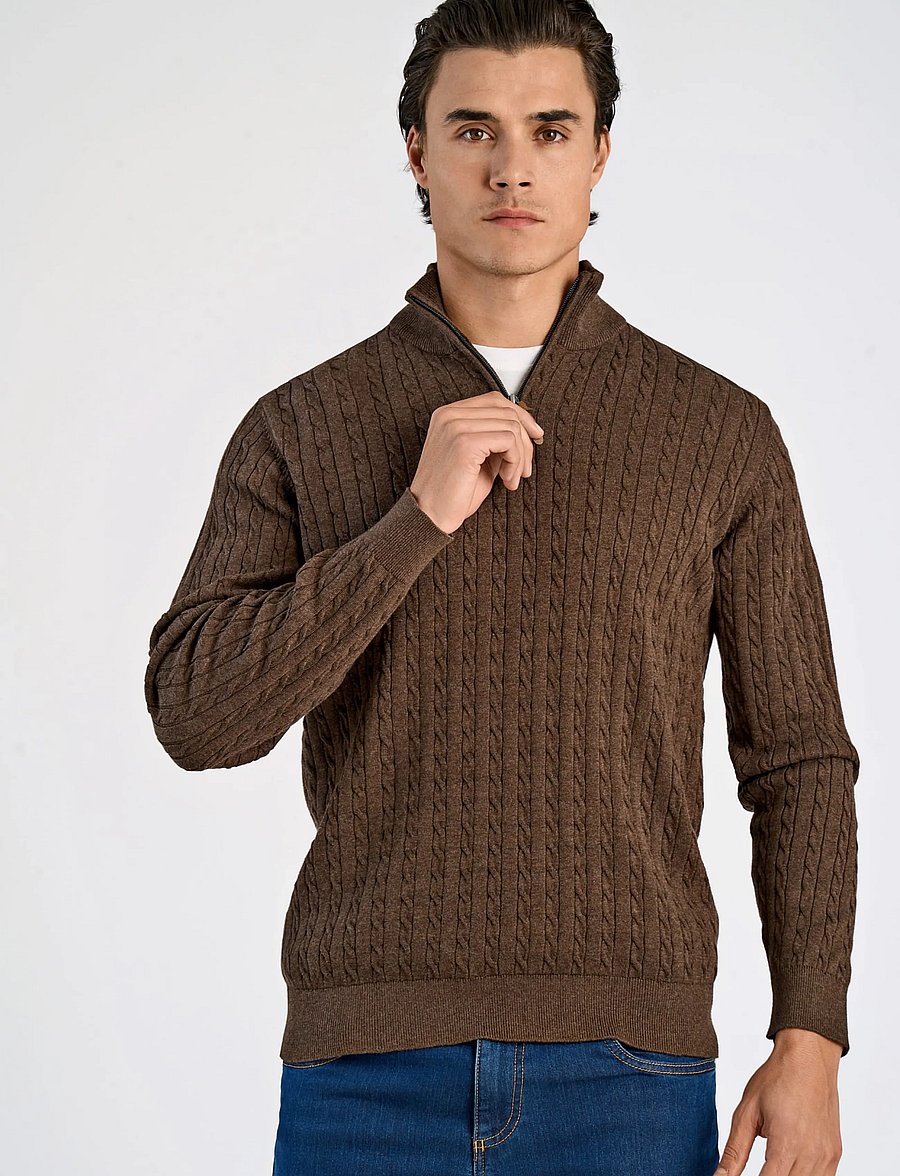 Lindbergh - 1/2 zip cable knit - half zip-tröjor - mid brown mel - 3