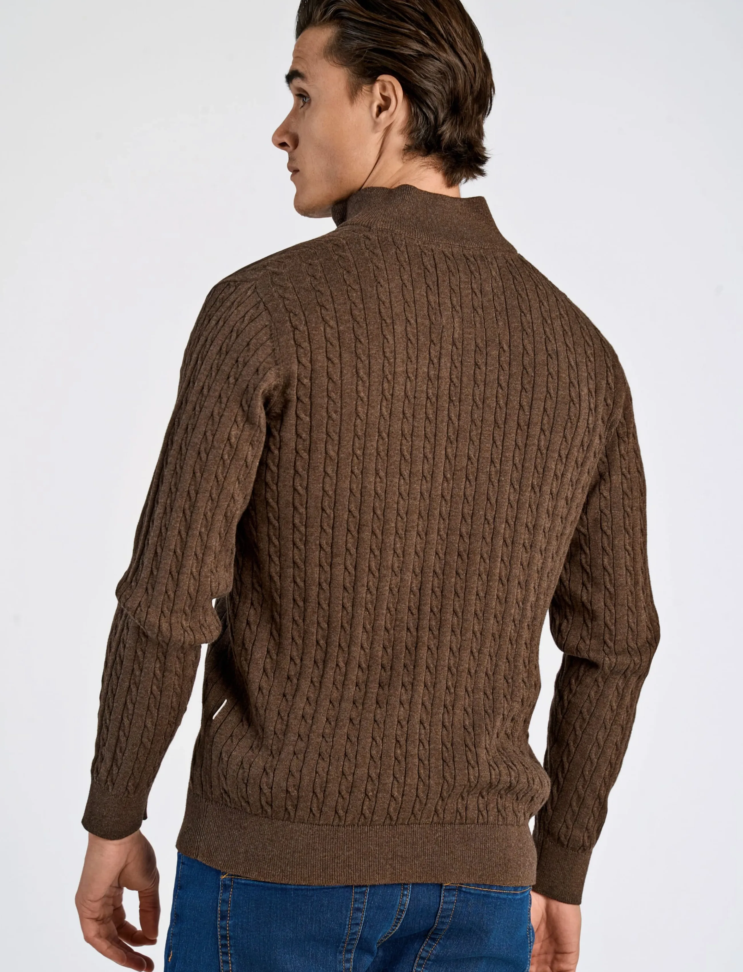 Lindbergh - 1/2 zip cable knit - menn - mid brown mel - 4