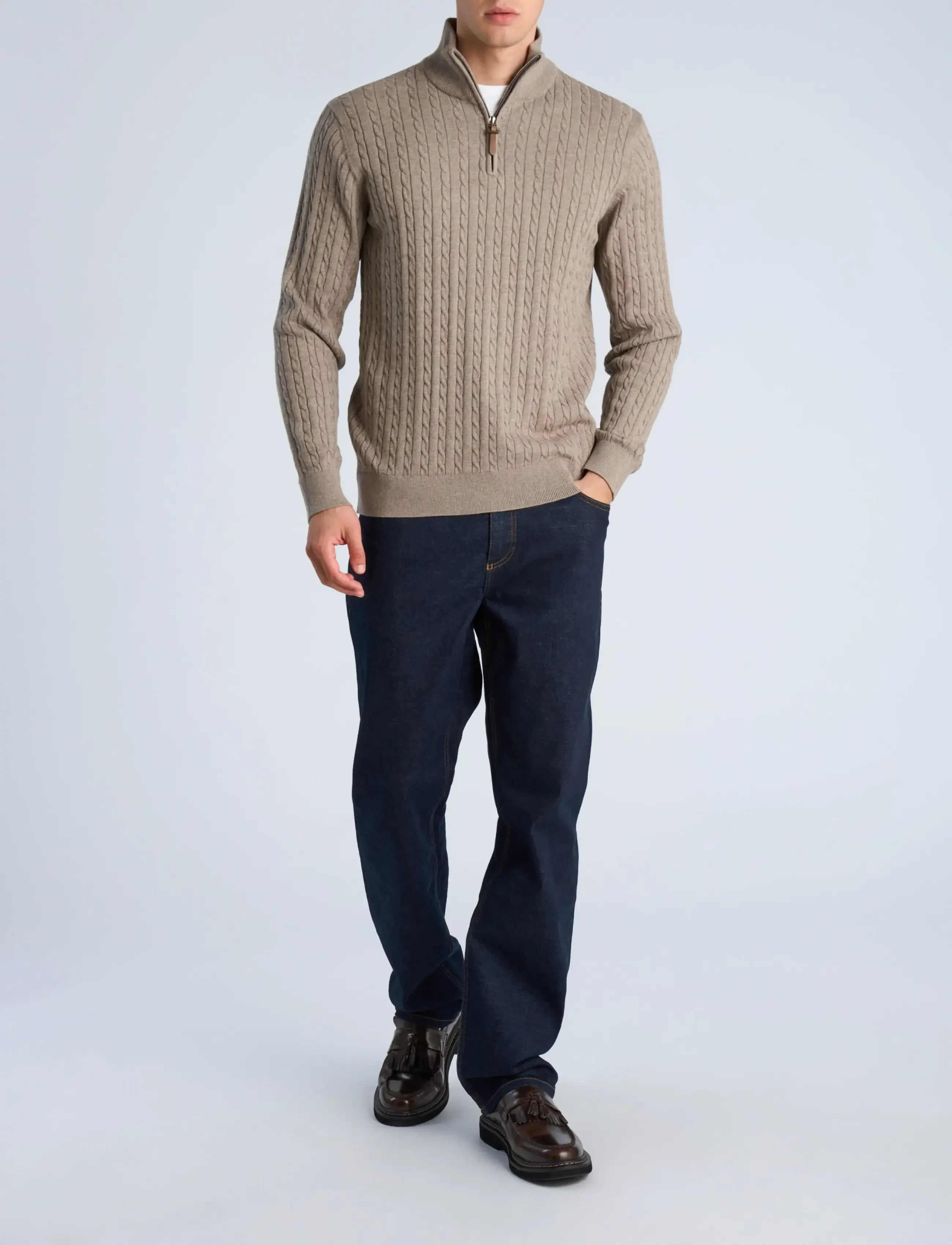 Lindbergh 1/2 Zip Cable Knit, L, Knitwear, Beige - Half Jumpers, Männerswear