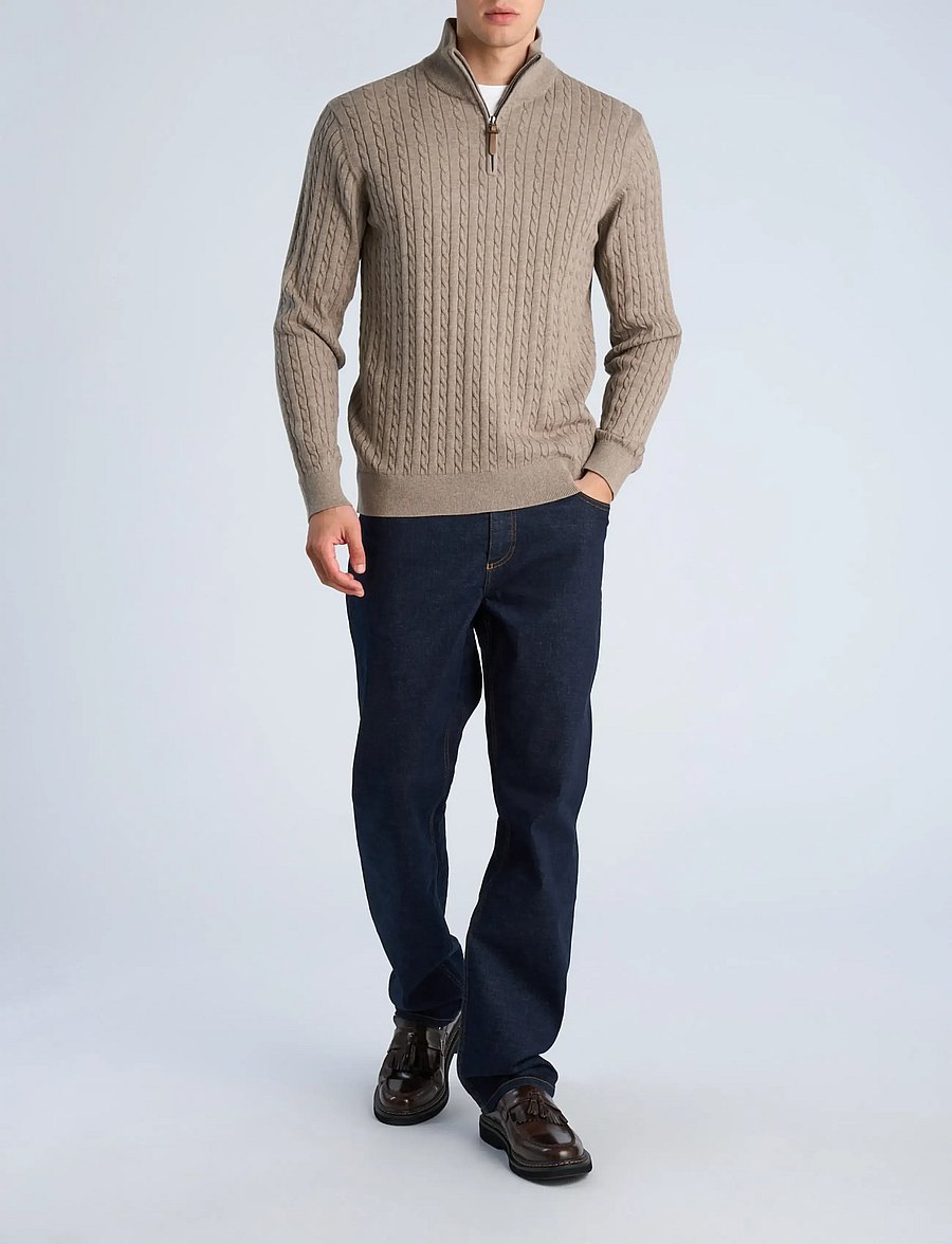 Lindbergh - 1/2 zip cable knit - half zip jumpers - mid sand mel - 0