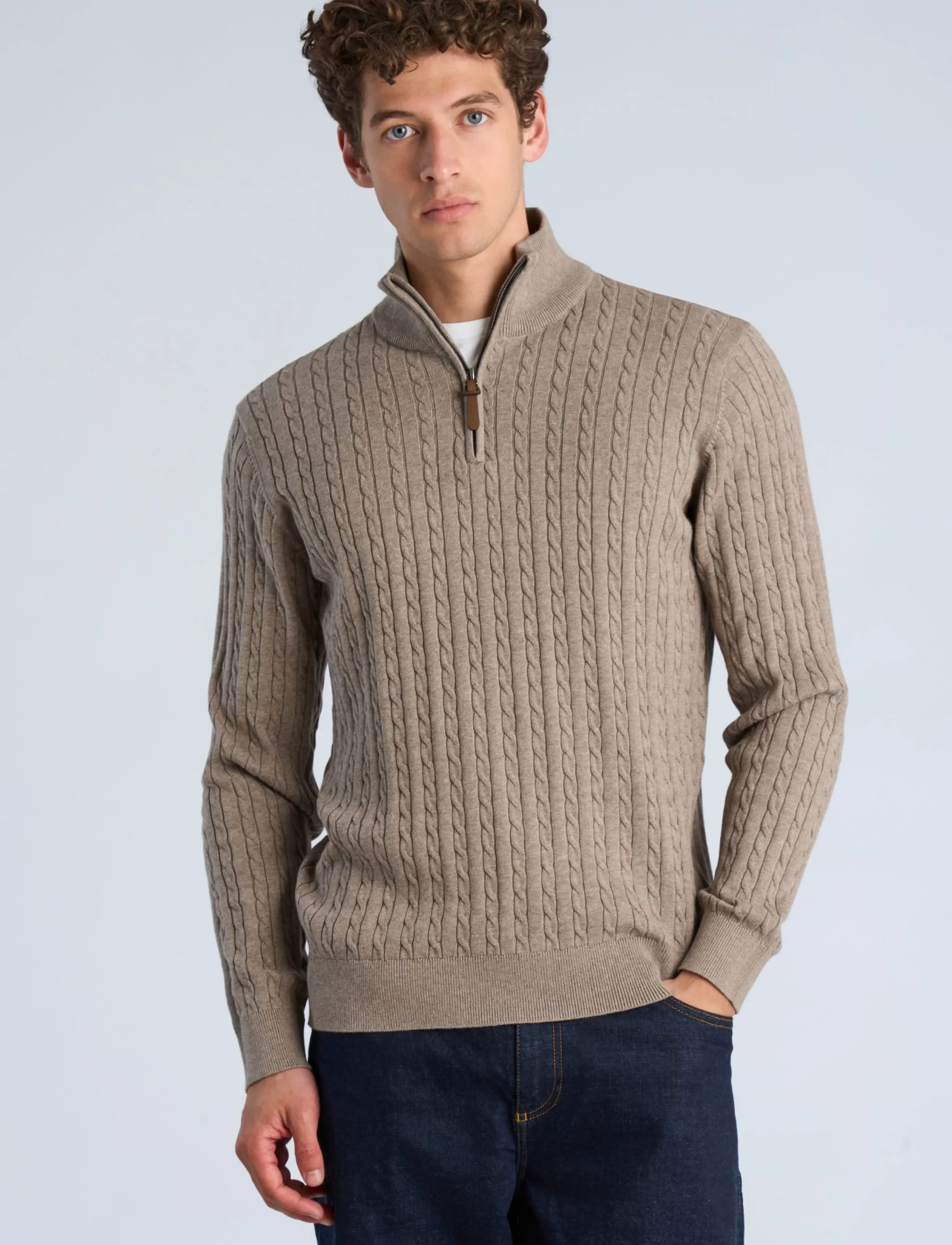 Lindbergh - 1/2 zip cable knit - pullover mit halbem reißverschluss - mid sand mel - 3