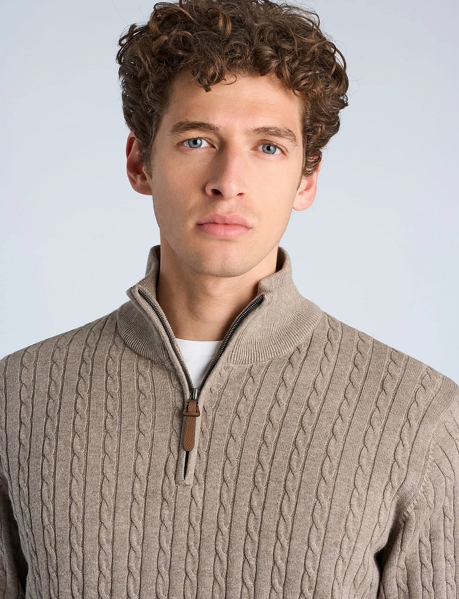 Lindbergh - 1/2 zip cable knit - half zip jumpers - mid sand mel - 5