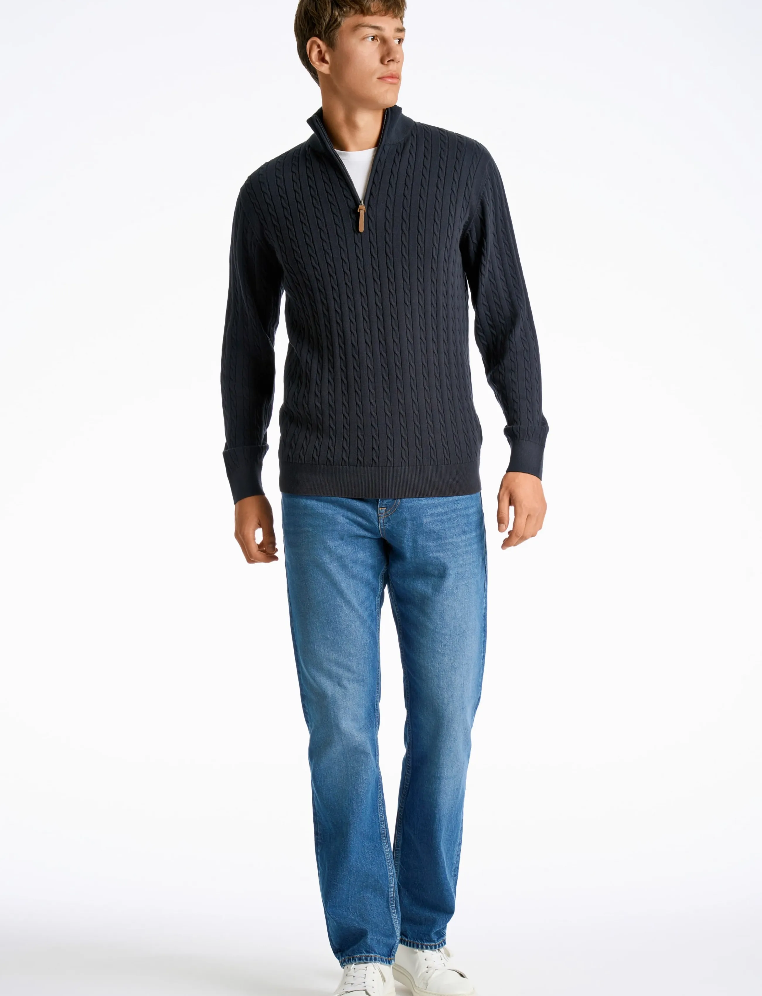 Lindbergh 1/2 Zip Cable Knit, S, Navy, Strik > Trøjer Med Halv Lynlås, Herre