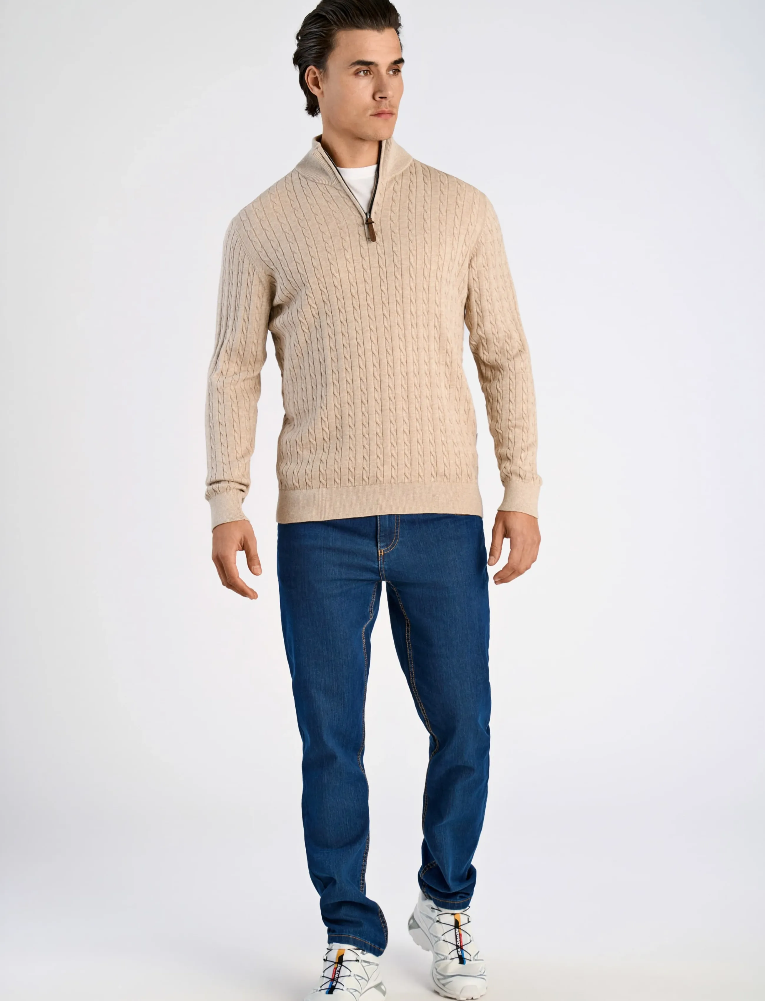 Lindbergh 1/2 Zip Cable Knit, M, Knitwear, Beige - Half Jumpers, Männerswear