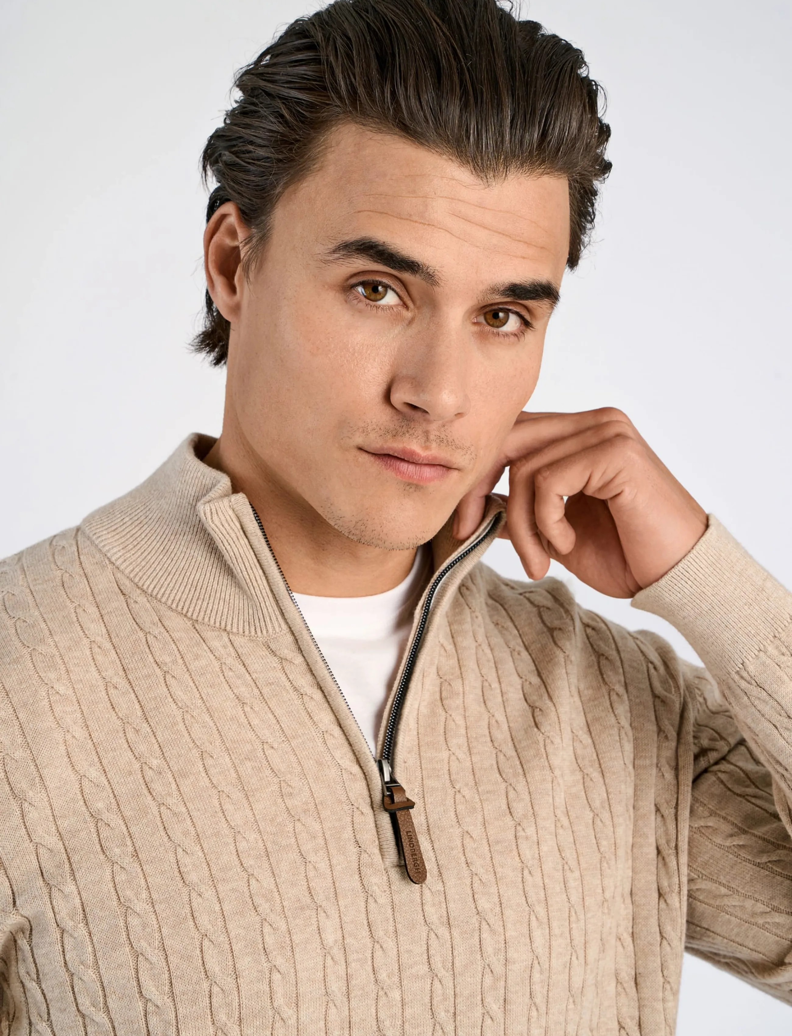 Lindbergh - 1/2 zip cable knit - män - off white mel - 5