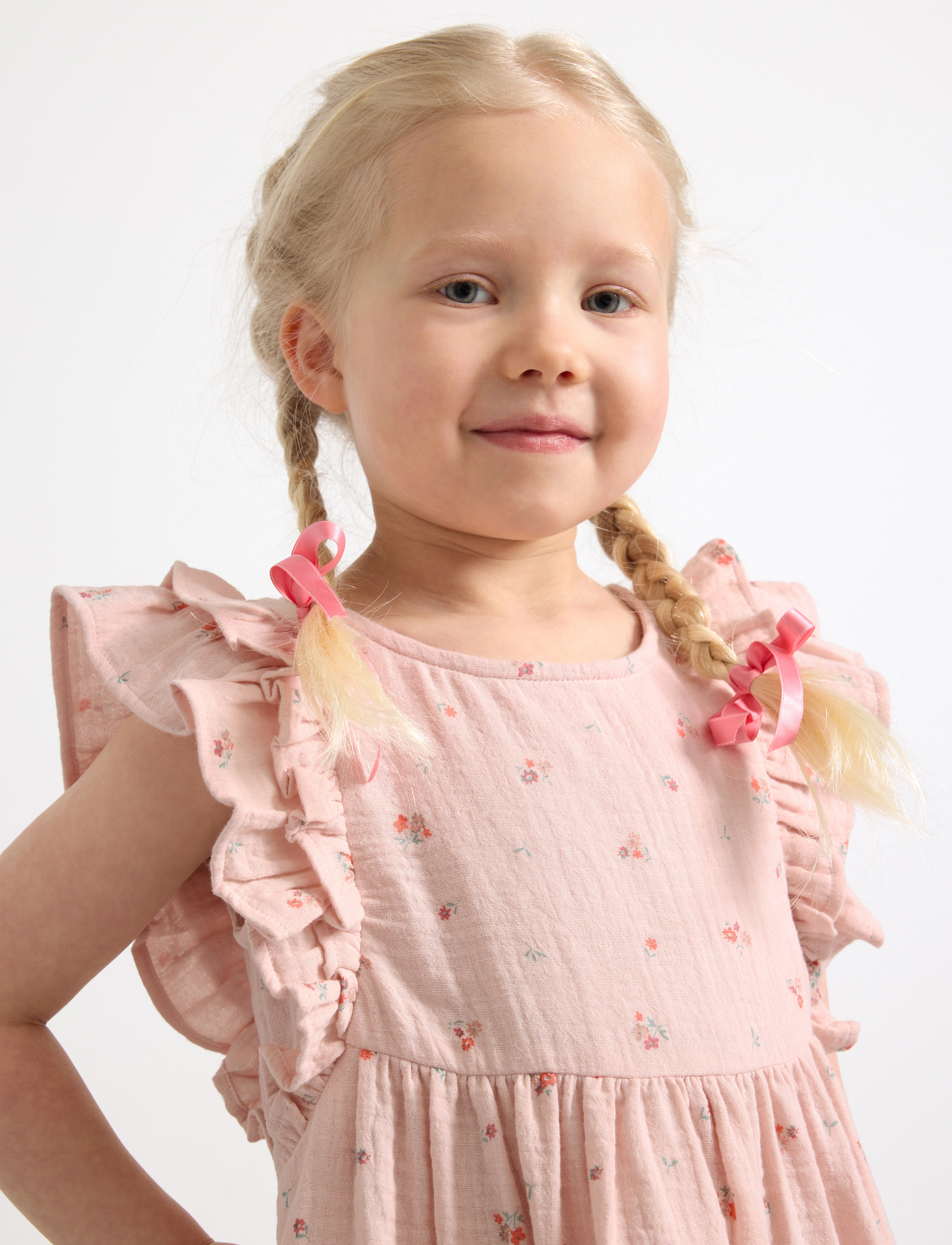 Lindex - dress gauze frill sleeve AOP - light dusty pink - 5