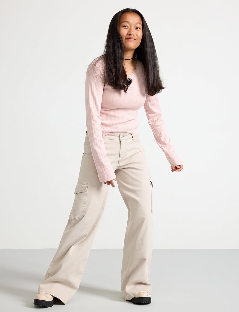 Lindex - Trousers twill washed wide leg - cargohosen - beige - 0