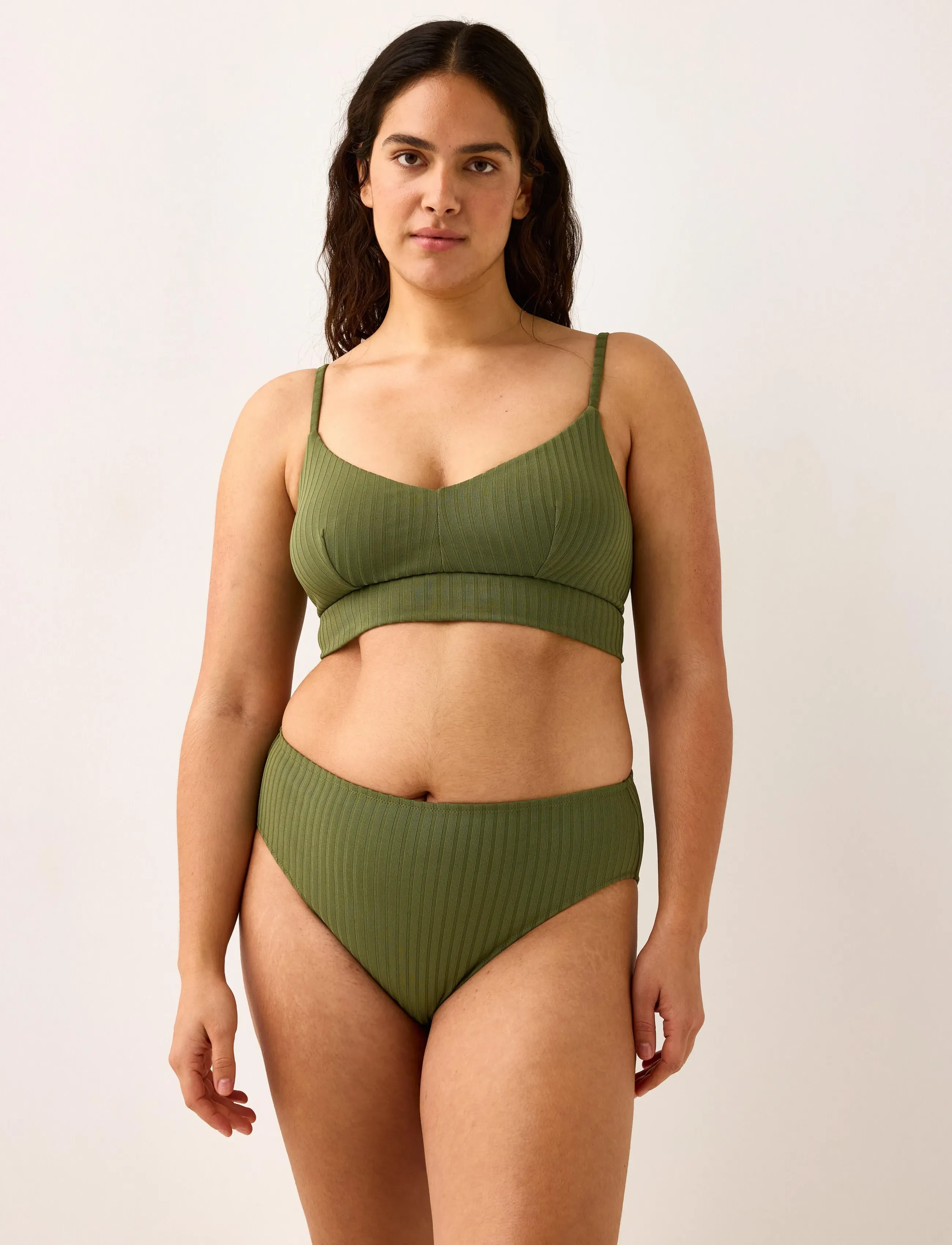 Lindex Brief Bikini High Hanna Rib, Kvinder, Højtaljet Ribbet Bikinitrusse, Kakigrøn, Str: L